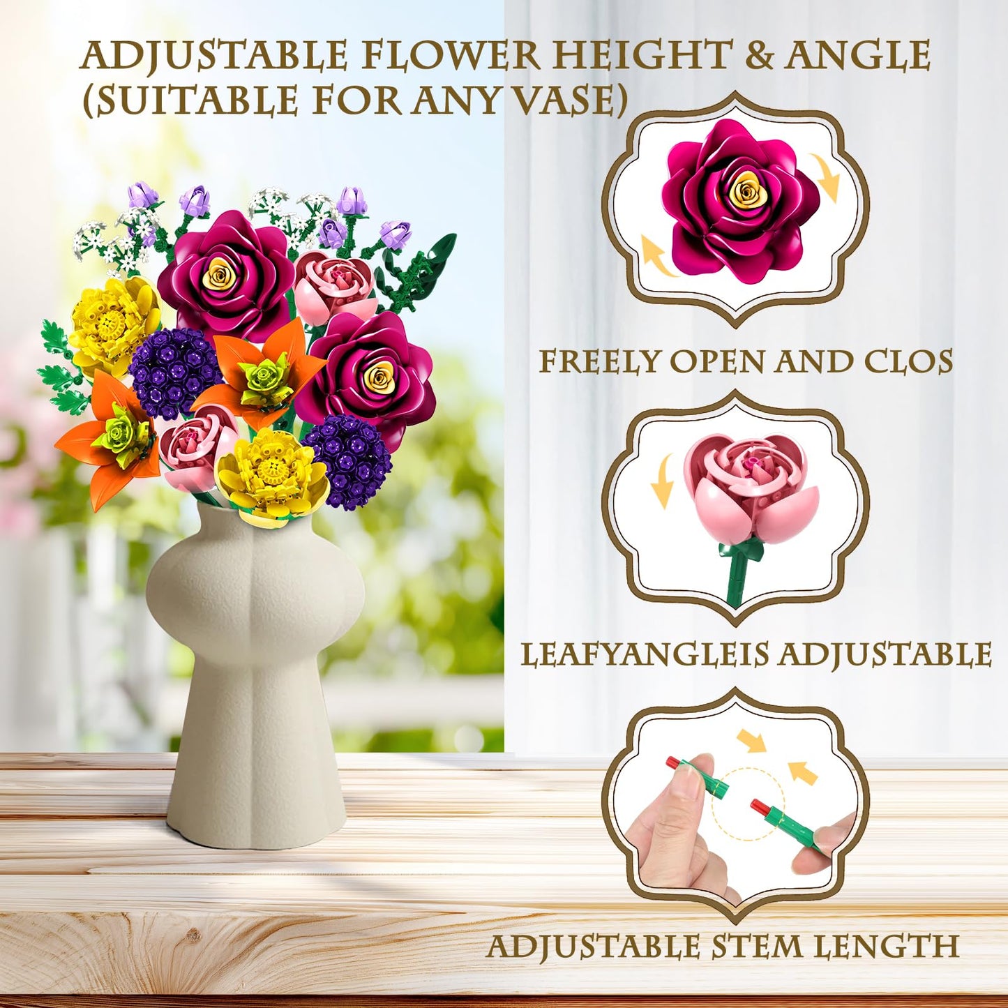KOJAYHOL Valentines Day Flower Bouquet Building Block Set – 933PCS Botanical Collection, 14 Flowers, Gift for Her