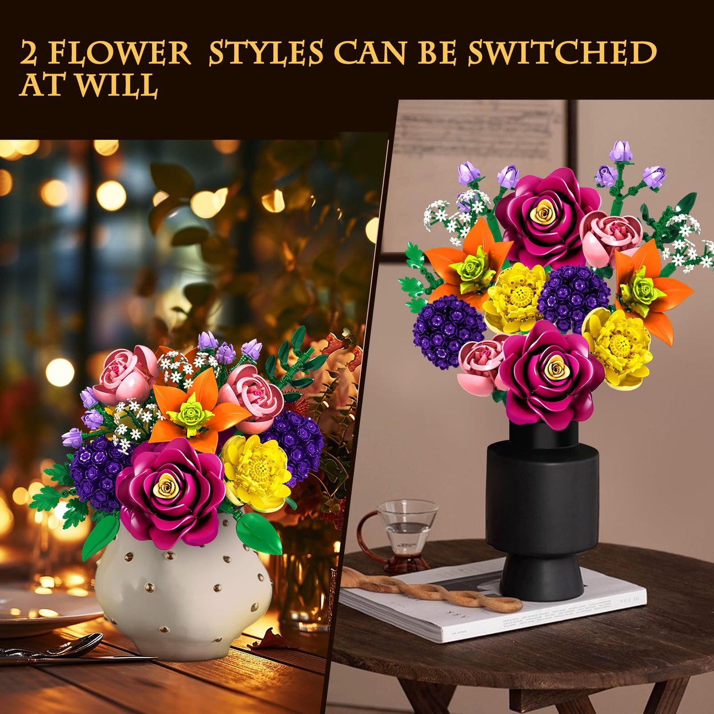 KOJAYHOL Valentines Day Flower Bouquet Building Block Set – 933PCS Botanical Collection, 14 Flowers, Gift for Her