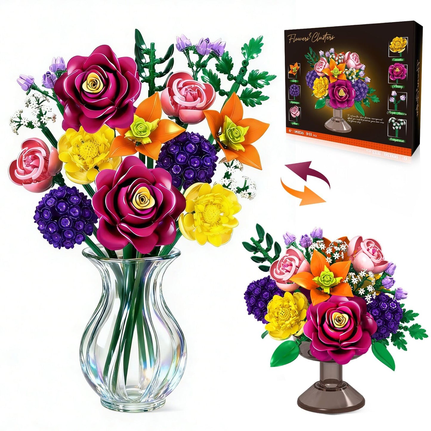 KOJAYHOL Valentines Day Flower Bouquet Building Block Set – 933PCS Botanical Collection, 14 Flowers, Gift for Her