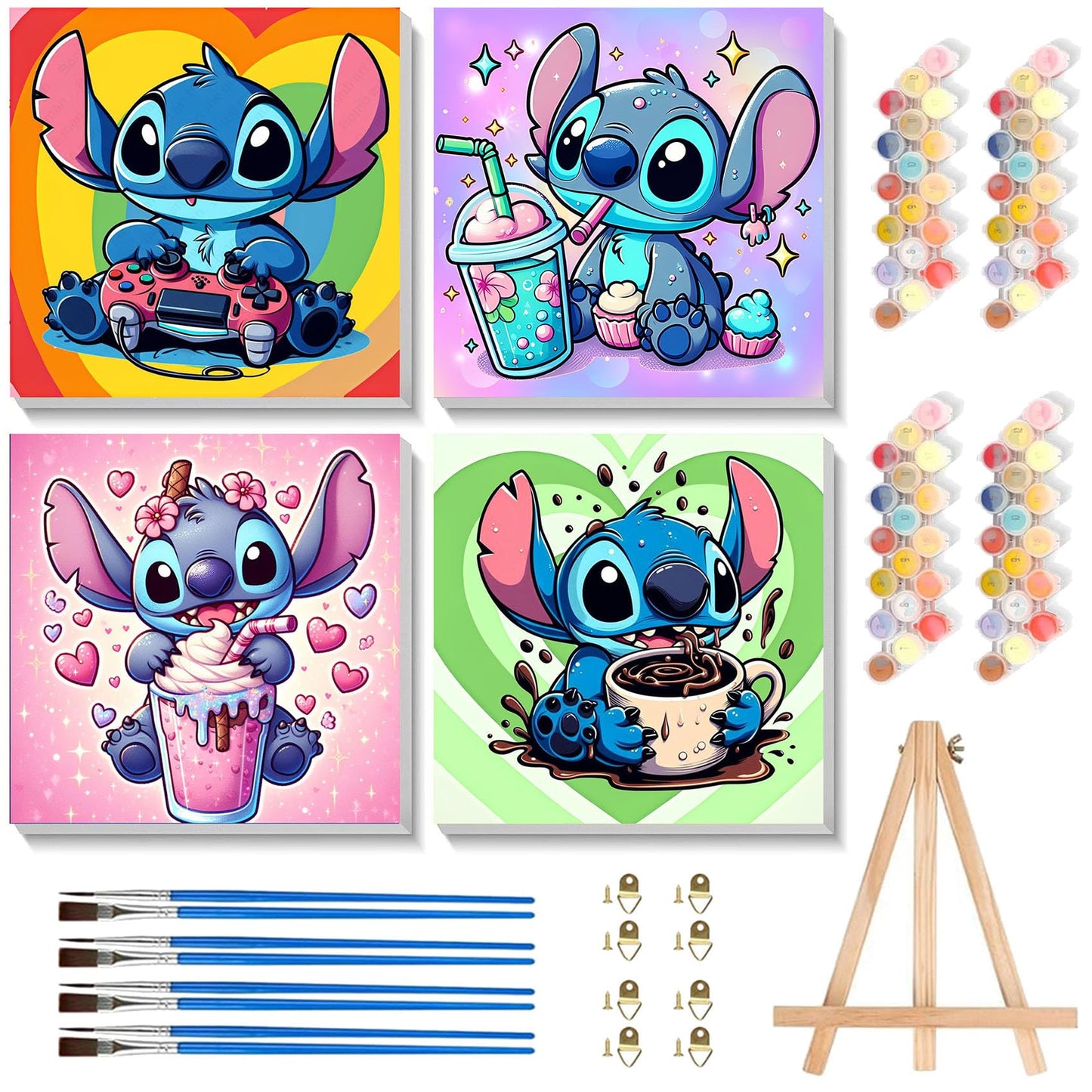 KOJEFCV 4 Pack Cartoon Paint by Numbers for Kids – Framed Canvas & Wooden Easel (8x8 in)