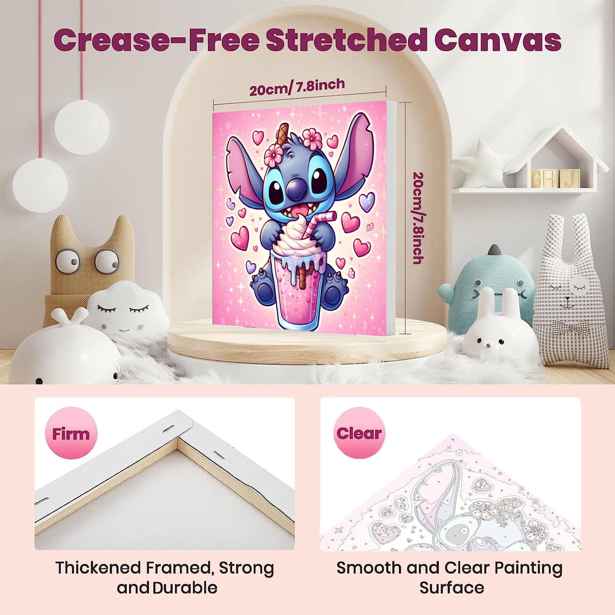 KOJEFCV 4 Pack Cartoon Paint by Numbers for Kids – Framed Canvas & Wooden Easel (8x8 in)