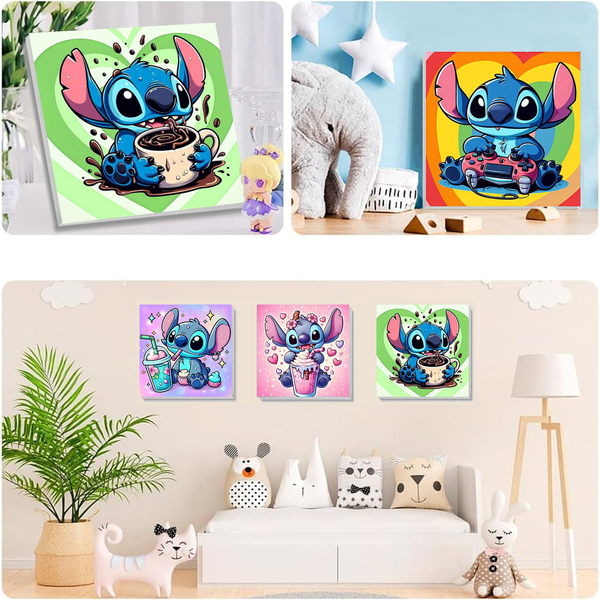 KOJEFCV 4 Pack Cartoon Paint by Numbers for Kids – Framed Canvas & Wooden Easel (8x8 in)