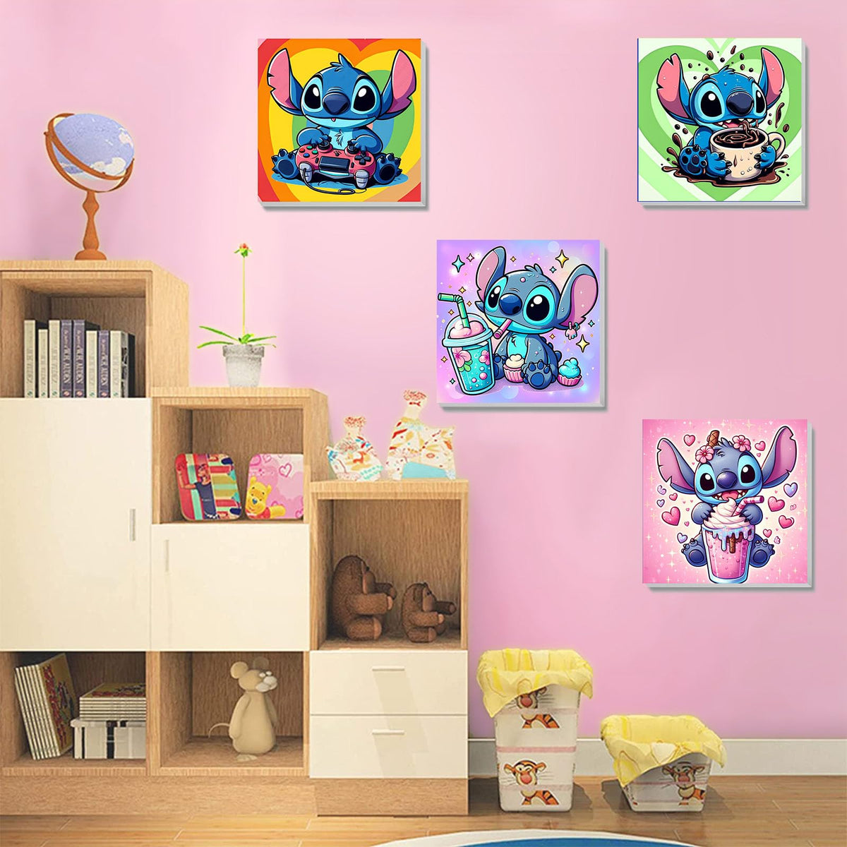 KOJEFCV 4 Pack Cartoon Paint by Numbers for Kids – Framed Canvas & Wooden Easel (8x8 in)