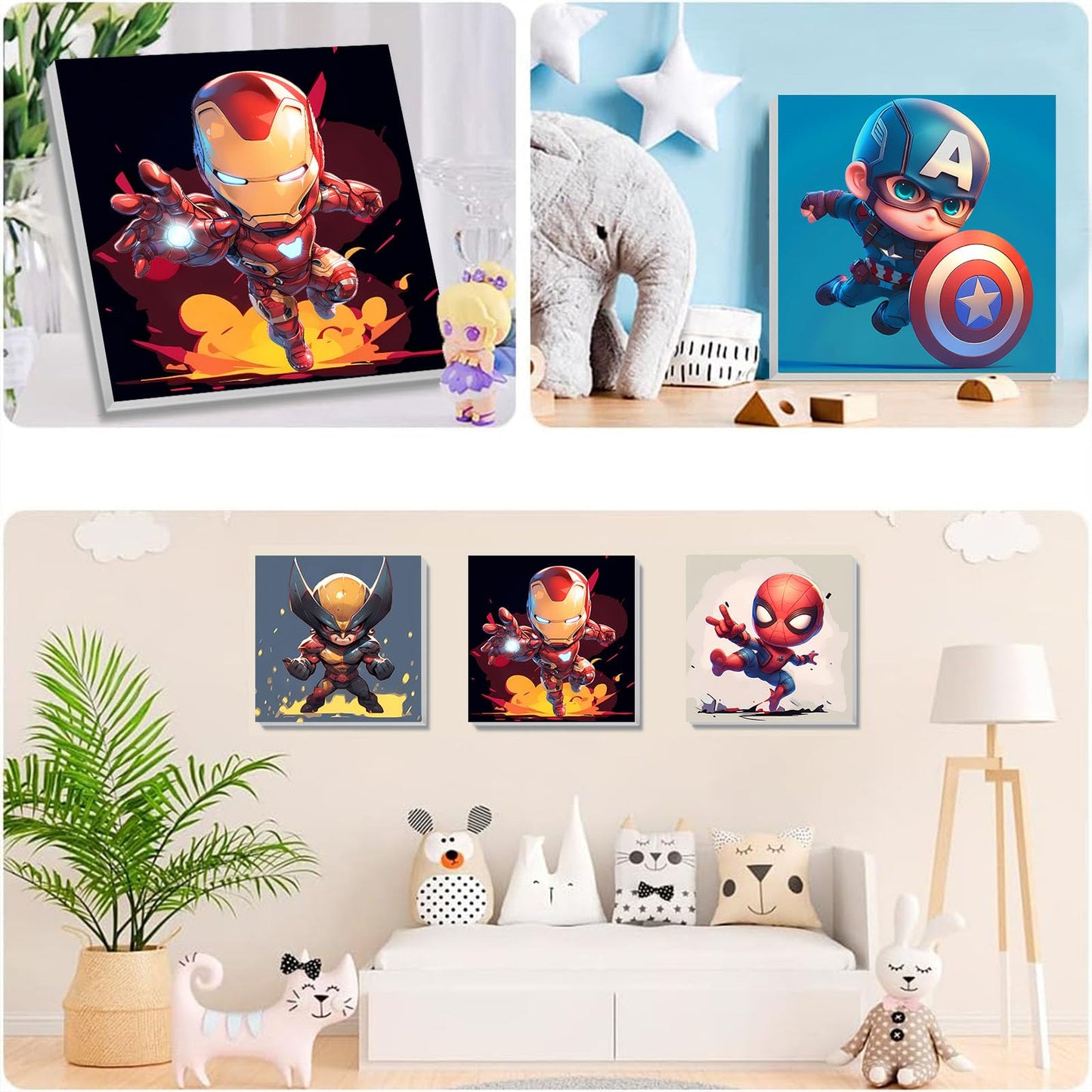 KOJEFCV 4 Pack Cartoon Paint by Numbers for Kids with Framed Canvas and Wooden Easel | DIY Easy Acrylic Painting Kit 8x8 inch