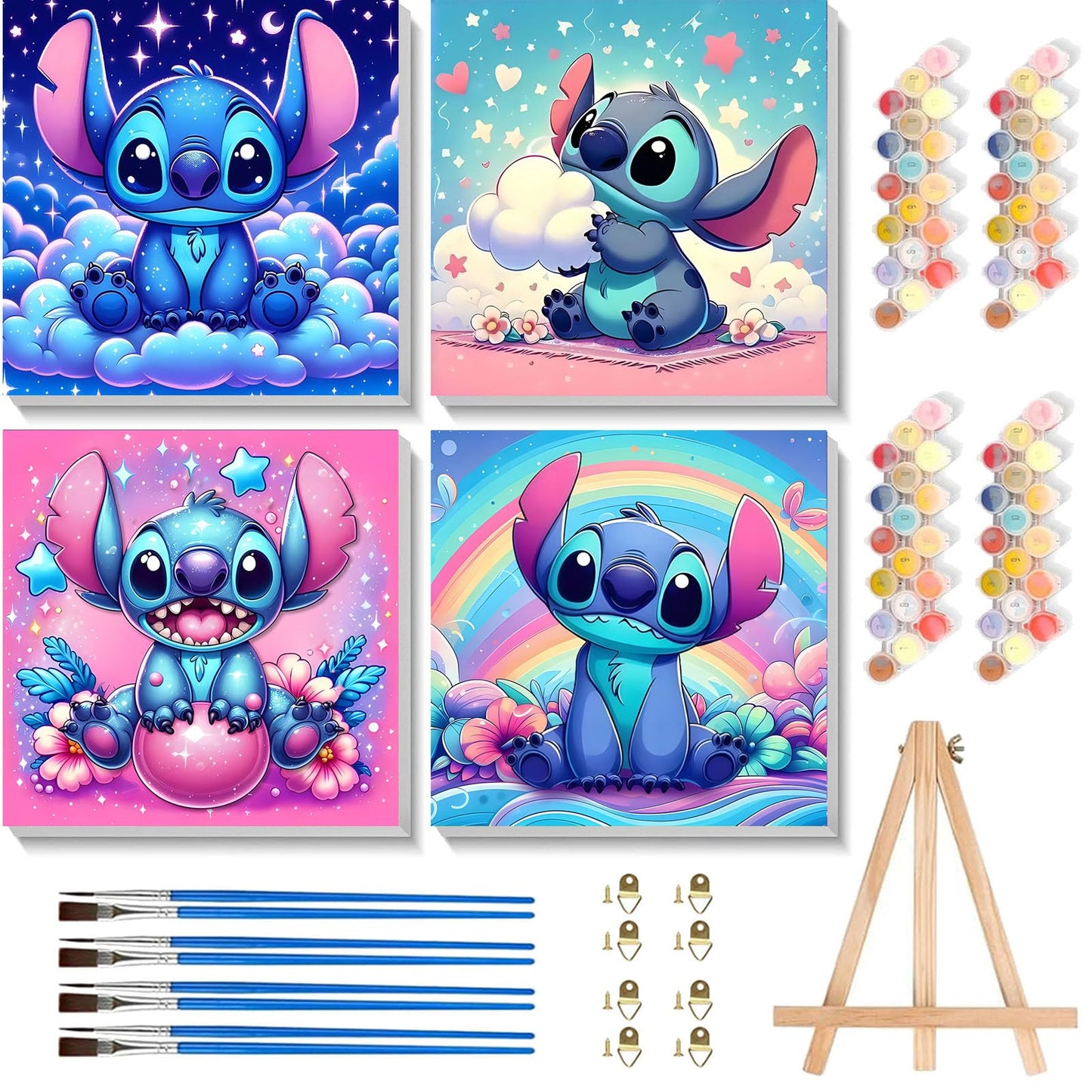 KOJEFCV 4 Pack Cartoon Paint by Numbers for Kids – Framed Canvas & Easel (8x8in)