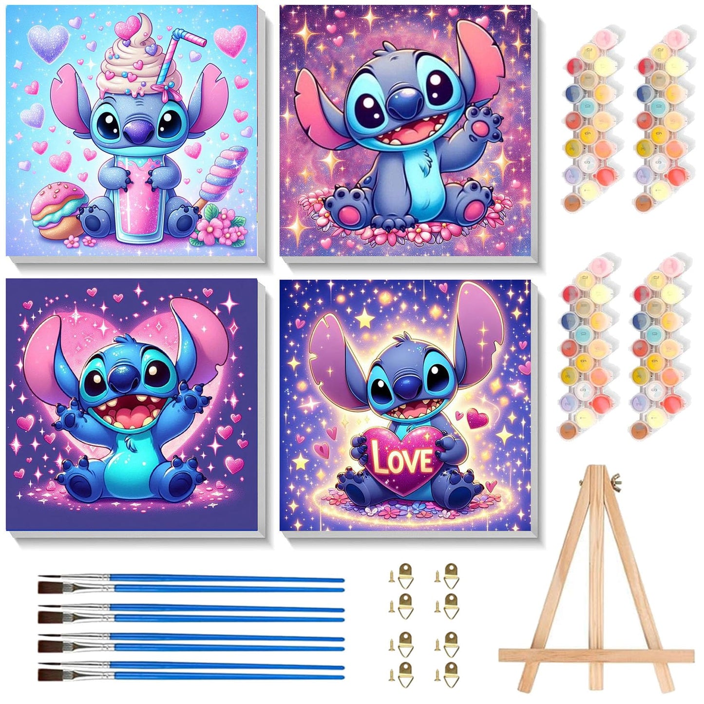 KOJEFCV 4 Pack Cartoon Paint by Numbers for Kids – Framed Canvas & Wooden Easel (8x8in)