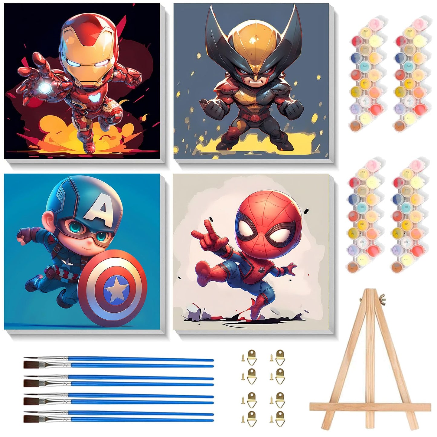 KOJEFCV 4 Pack Cartoon Paint by Numbers for Kids with Framed Canvas and Wooden Easel | DIY Easy Acrylic Painting Kit 8x8 inch