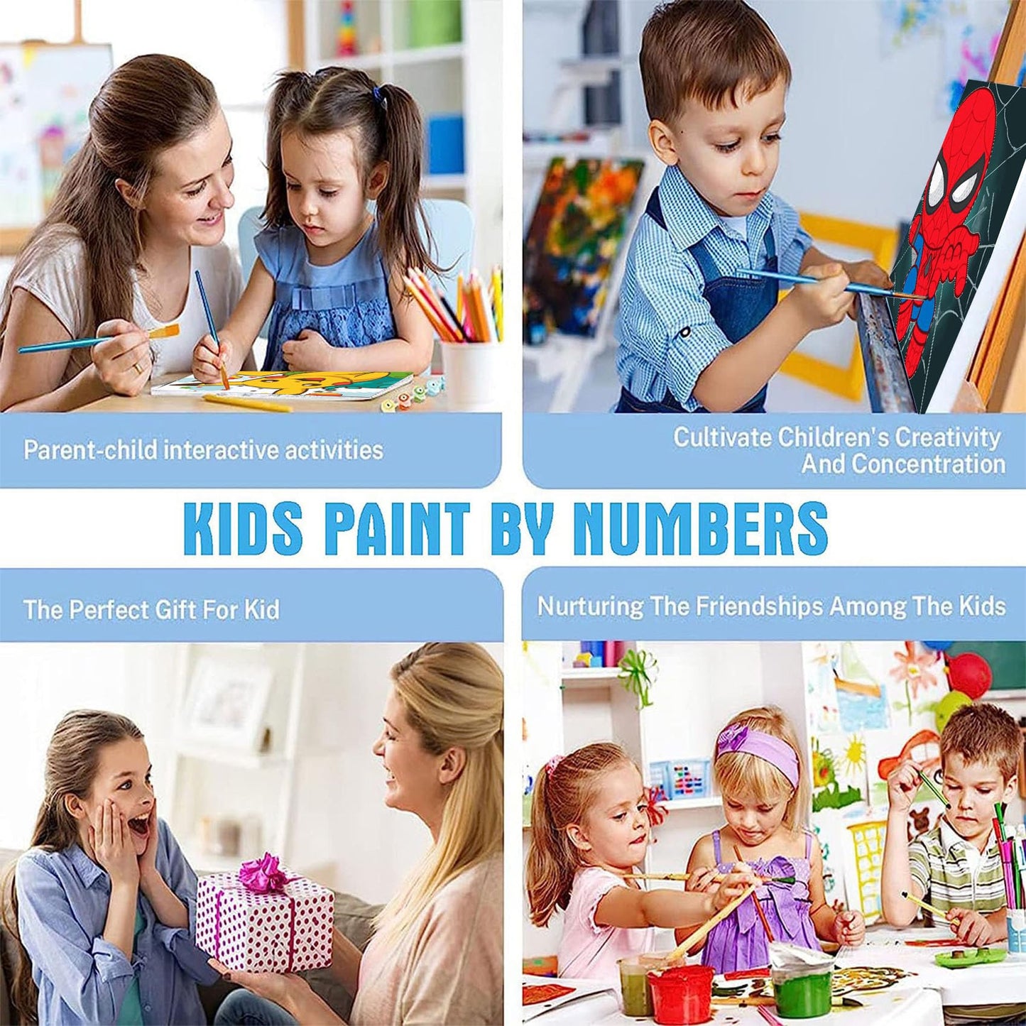 KOJEFCV 4 Pack Cartoon Paint by Numbers for Kids – Framed Canvas & Wooden Easel