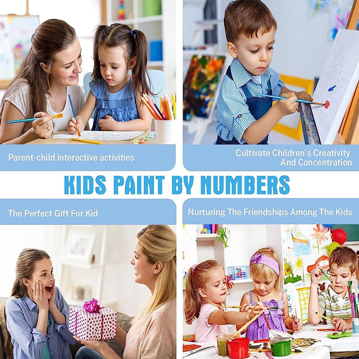 KOJEFCV 4 Pack Cartoon Paint by Number Kit for Kids – 8x8 in with Wooden Frame (Ages 4-12)