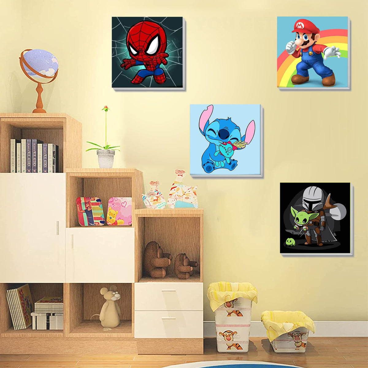 KOJEFCV 4 Pack Cartoon Paint by Number Kit for Kids – 8x8 in with Wooden Frame (Ages 4-12)