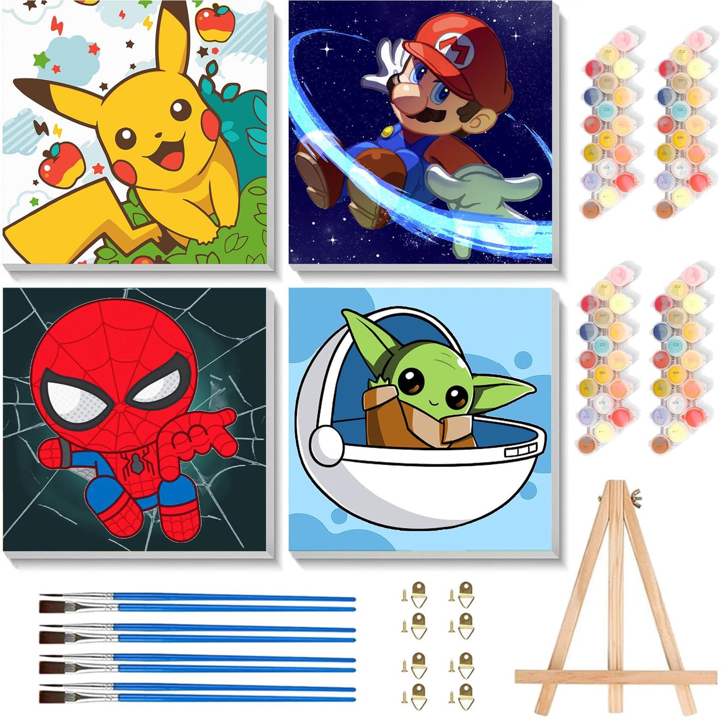 KOJEFCV 4 Pack Cartoon Paint by Numbers for Kids – Framed Canvas & Wooden Easel