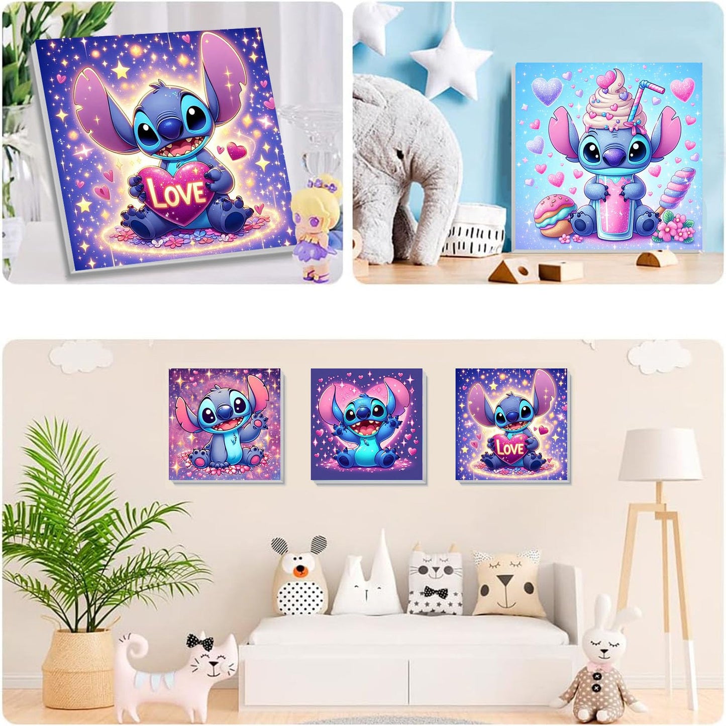 KOJEFCV 4 Pack Cartoon Paint by Numbers for Kids – Framed Canvas & Wooden Easel (8x8in)