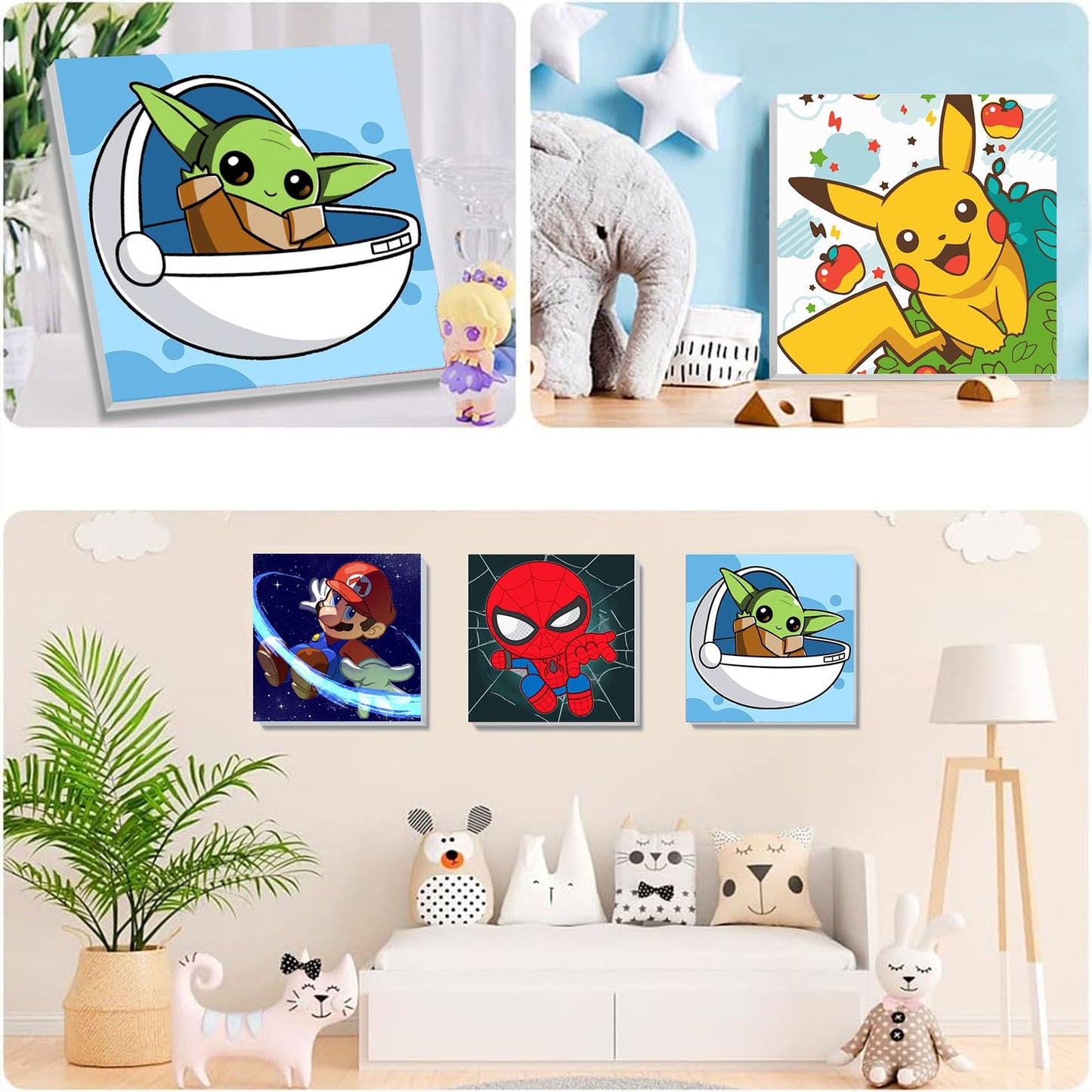KOJEFCV 4 Pack Cartoon Paint by Numbers for Kids – Framed Canvas & Wooden Easel