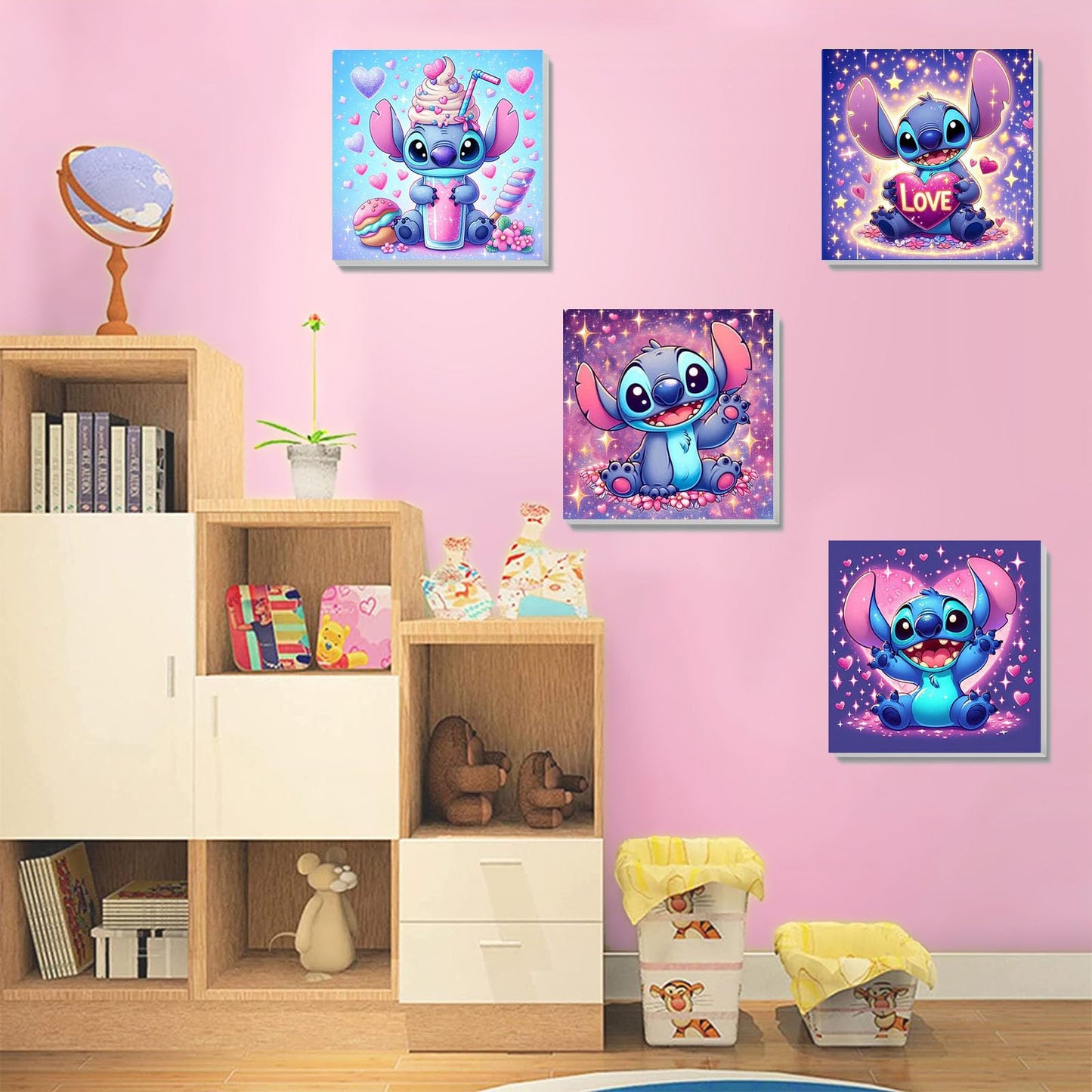 KOJEFCV 4 Pack Cartoon Paint by Numbers for Kids – Framed Canvas & Wooden Easel (8x8in)