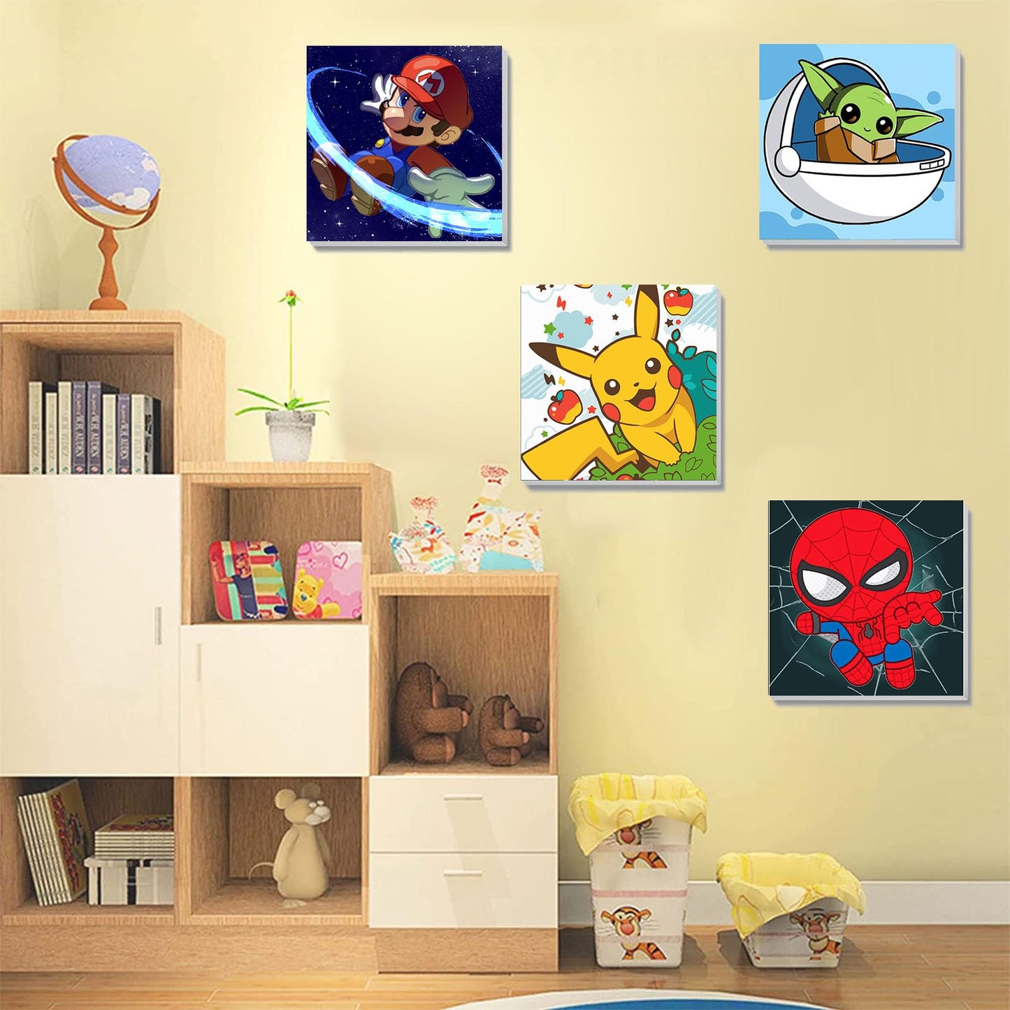 KOJEFCV 4 Pack Cartoon Paint by Numbers for Kids – Framed Canvas & Wooden Easel