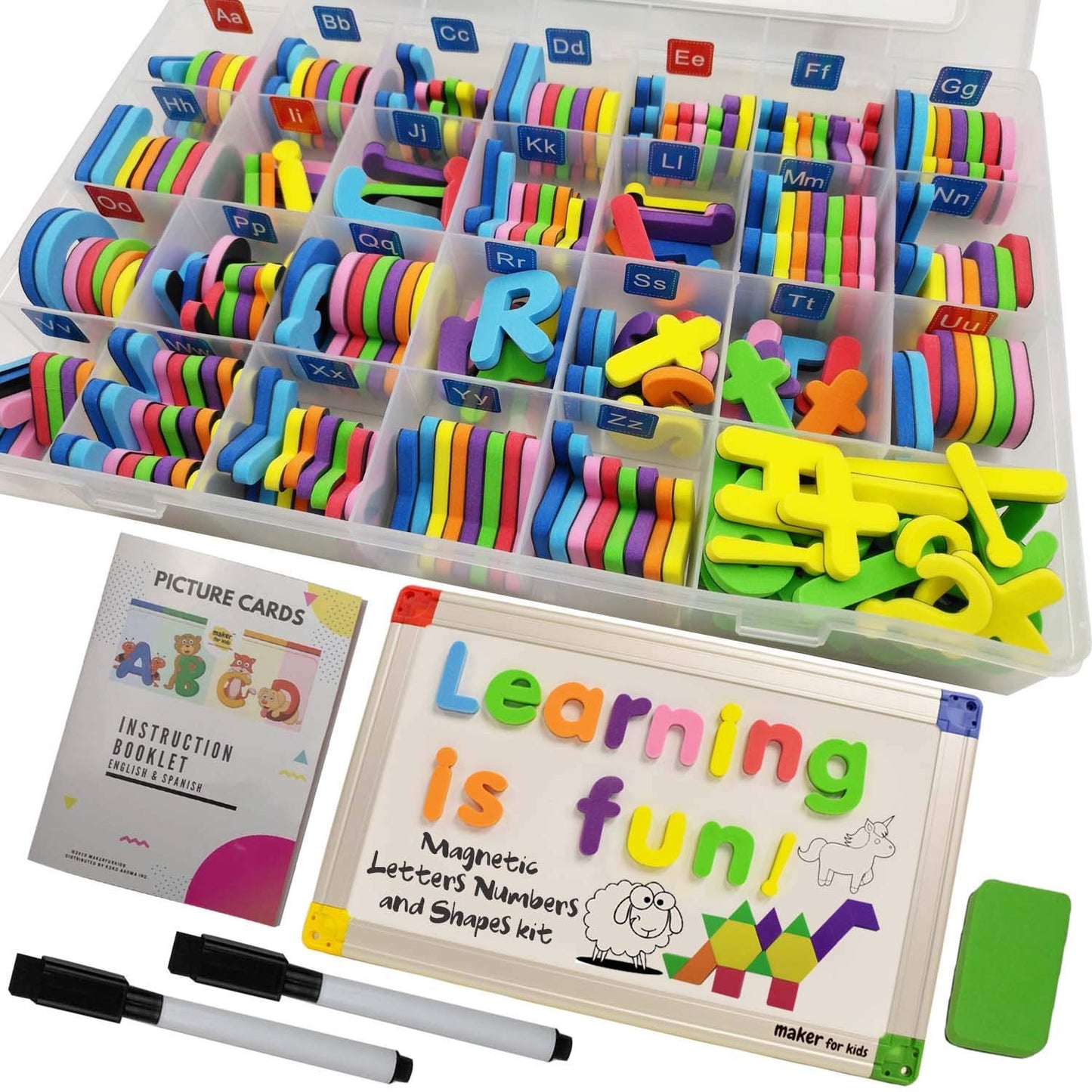 KOKO AROMA 291Pcs ABC Magnets Board – Letters, Numbers & Shapes with Double-Sided Whiteboard
