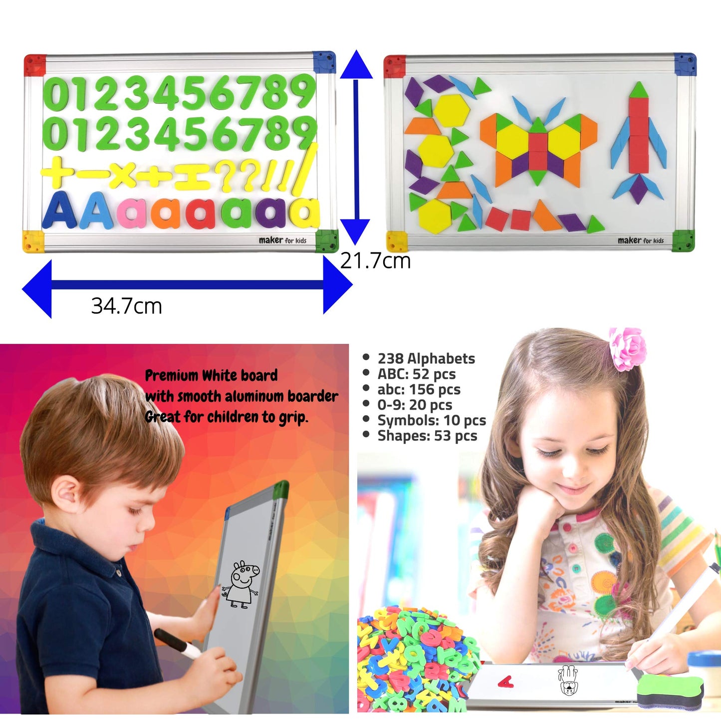 KOKO AROMA 291Pcs ABC Magnets Board – Letters, Numbers & Shapes with Double-Sided Whiteboard