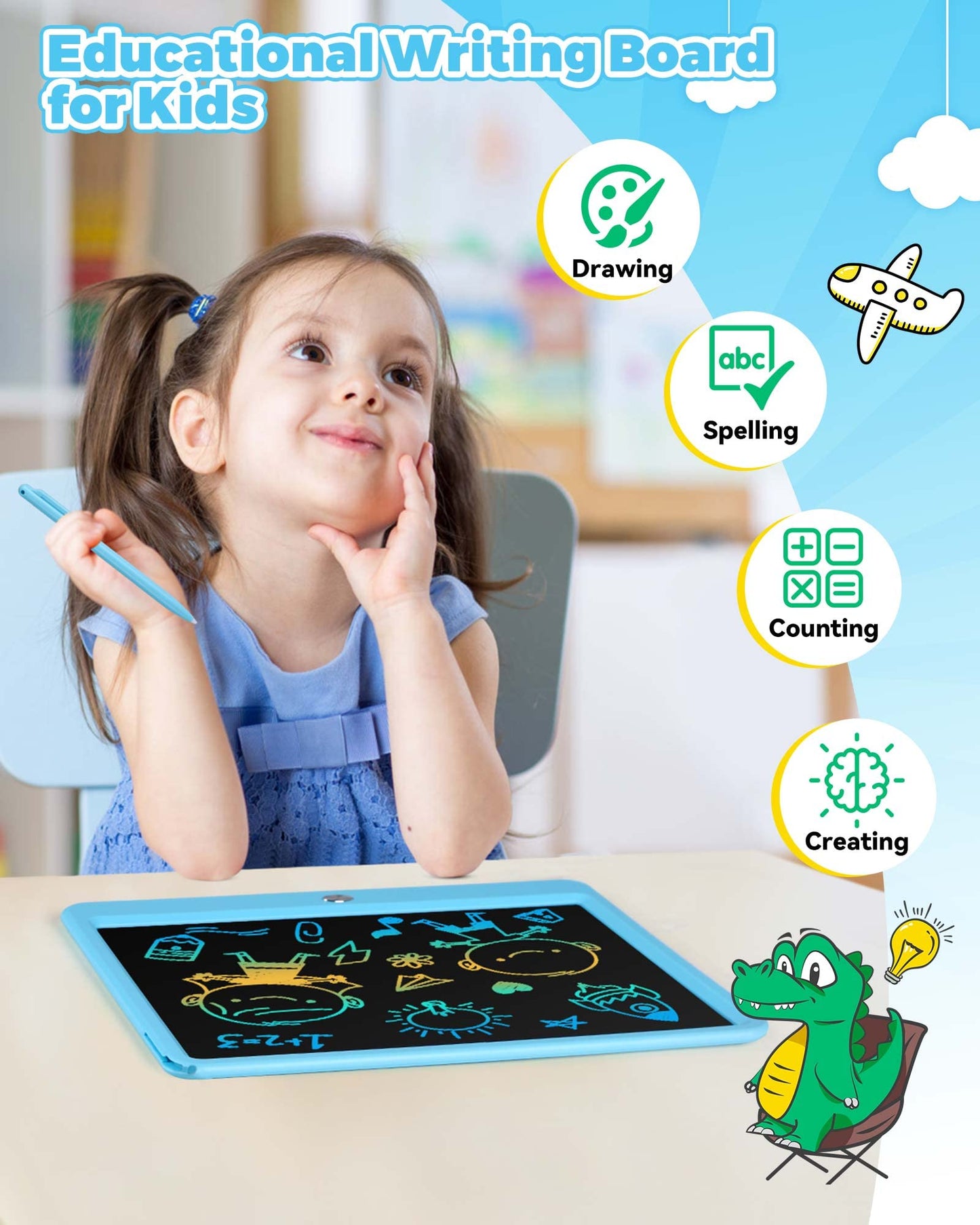 KOKODI 12 Inch LCD Writing Tablet with Anti-Lost Stylus – Blue Doodle Board for Travel & Learning