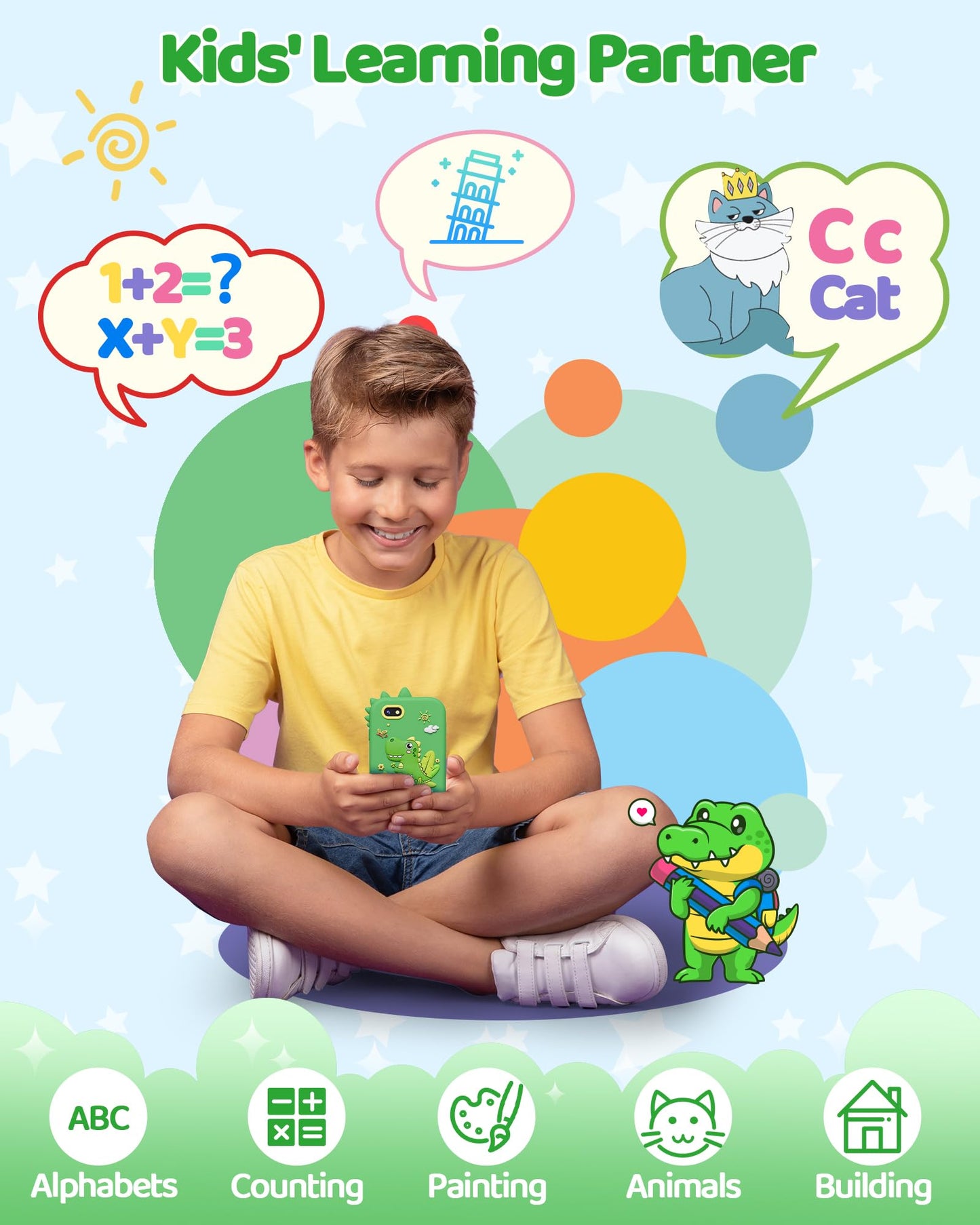 KOKODI Kids Smart Phone Toy — Touchscreen HD Dual Camera, Green Dino Phone for Ages 3–10