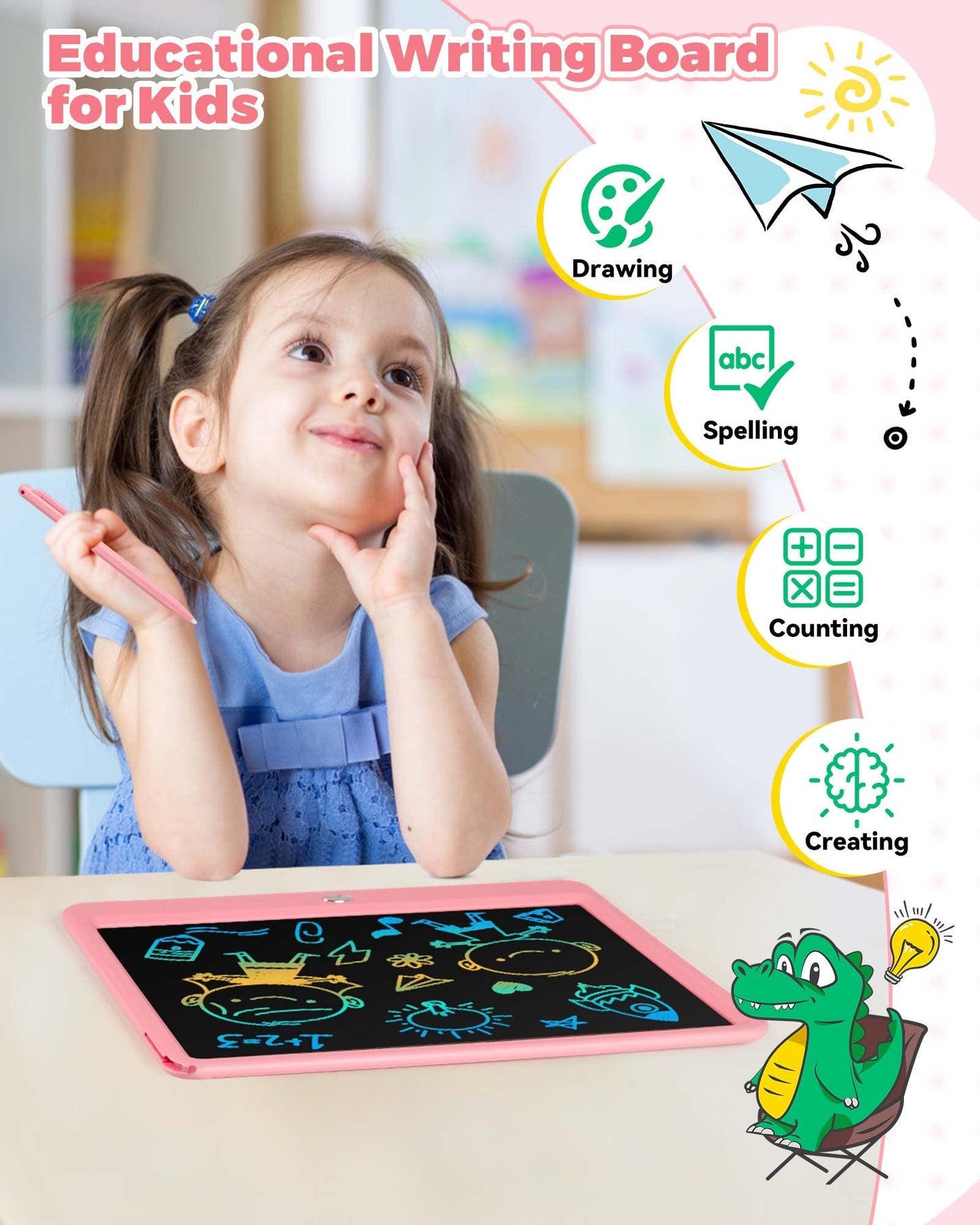 KOKODI 12 Inch LCD Writing Tablet with Anti-Lost Stylus – Pink Doodle Board for Kids, Travel & Learning