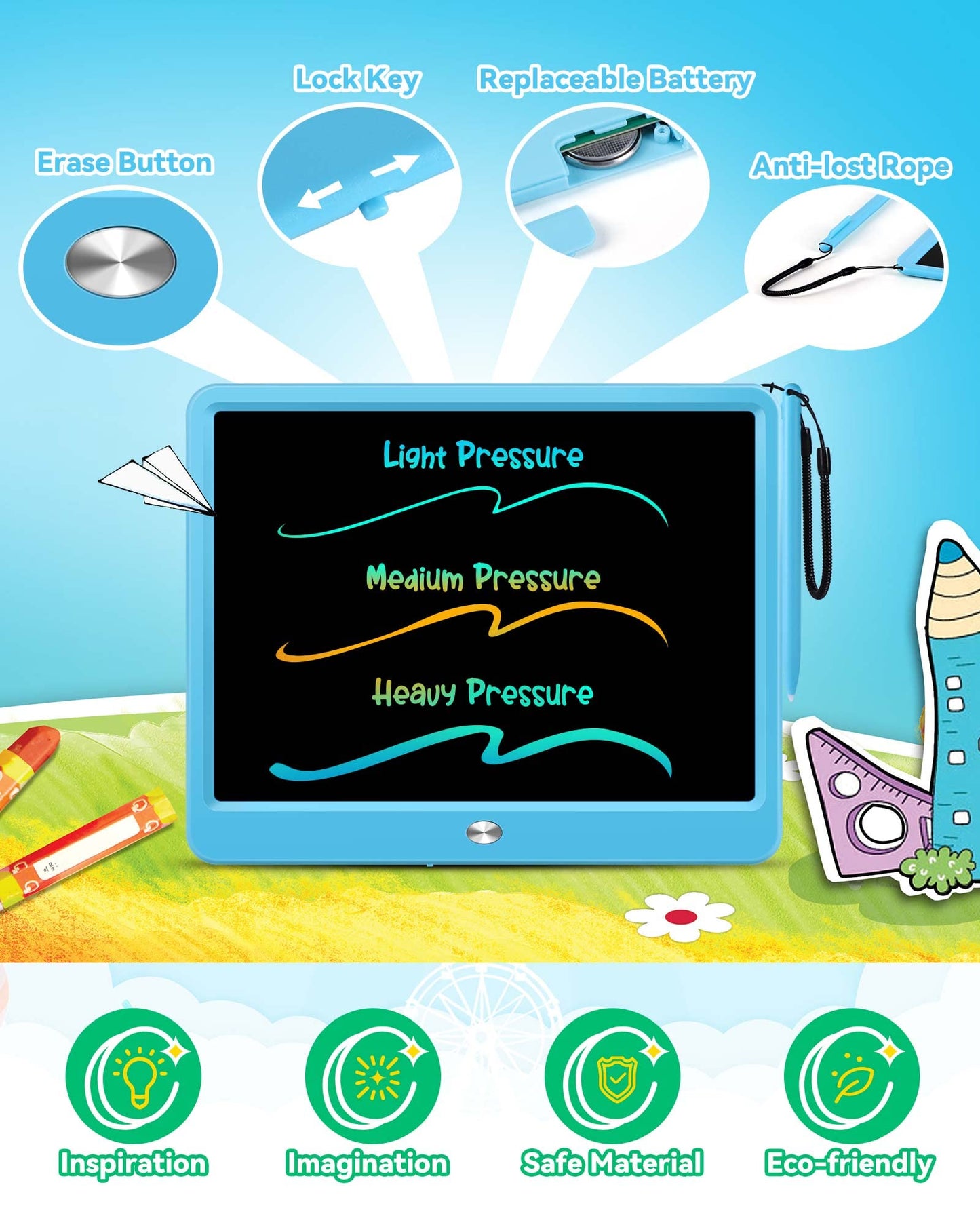 KOKODI 12 Inch LCD Writing Tablet with Anti-Lost Stylus – Blue Doodle Board for Travel & Learning