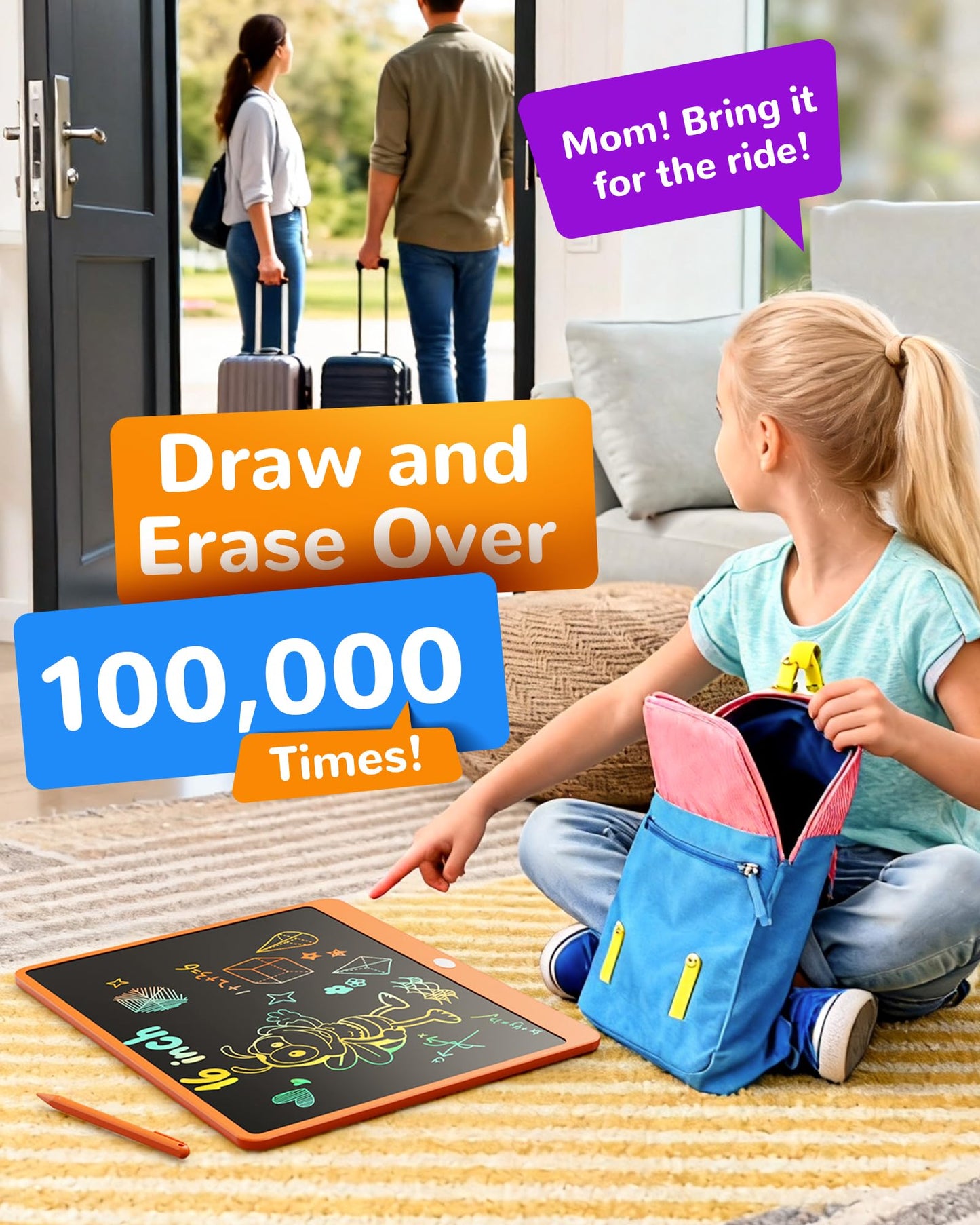 KOKODI LCD Writing Tablet 16-Inch Colorful Doodle Board for Kids 3-6 - Orange