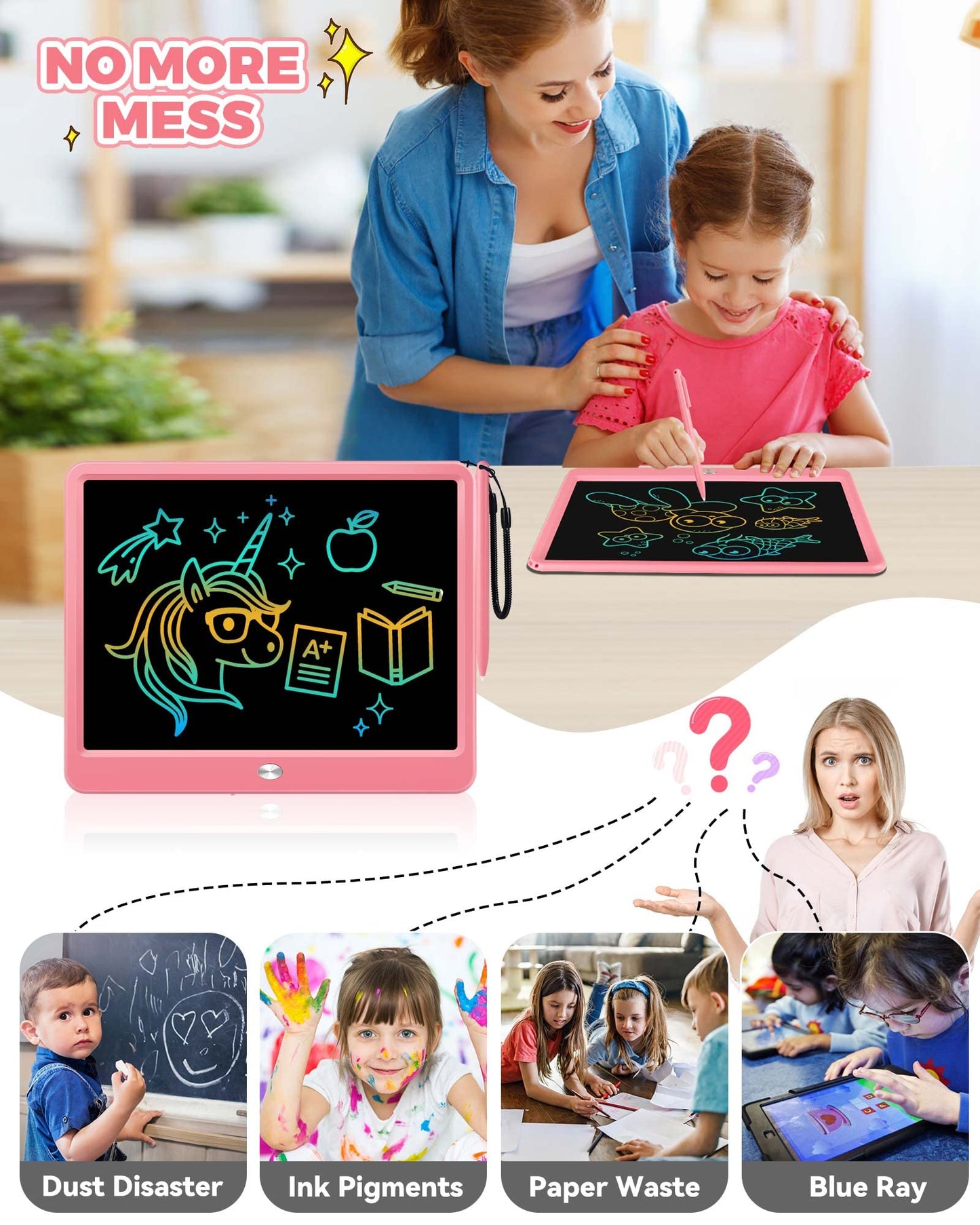 KOKODI 12 Inch LCD Writing Tablet with Anti-Lost Stylus – Pink Doodle Board for Kids, Travel & Learning