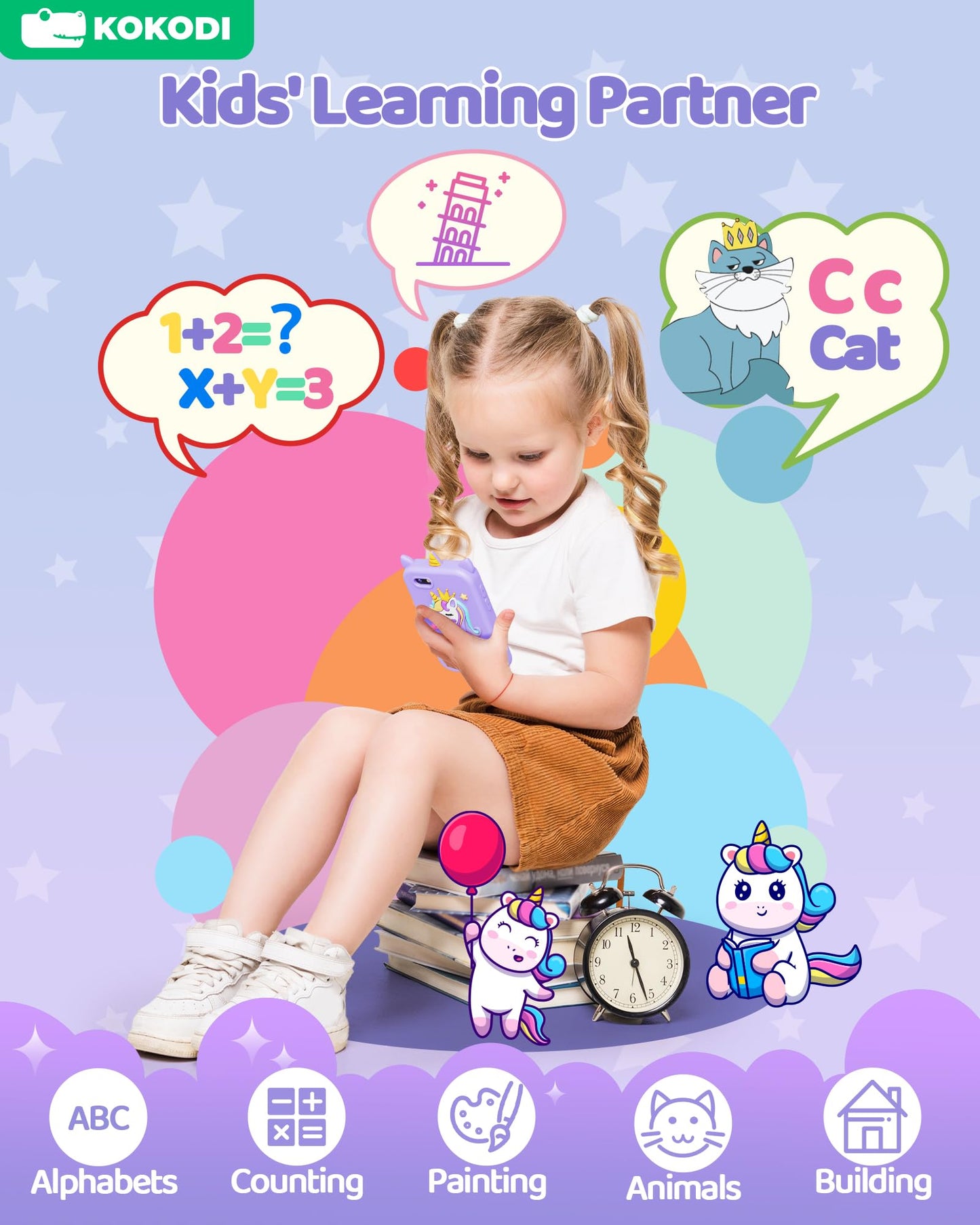 KOKODI Kids Smart Phone Toy with Dual Camera - Unicorn Purple, Learning Touchscreen for Ages 3-10
