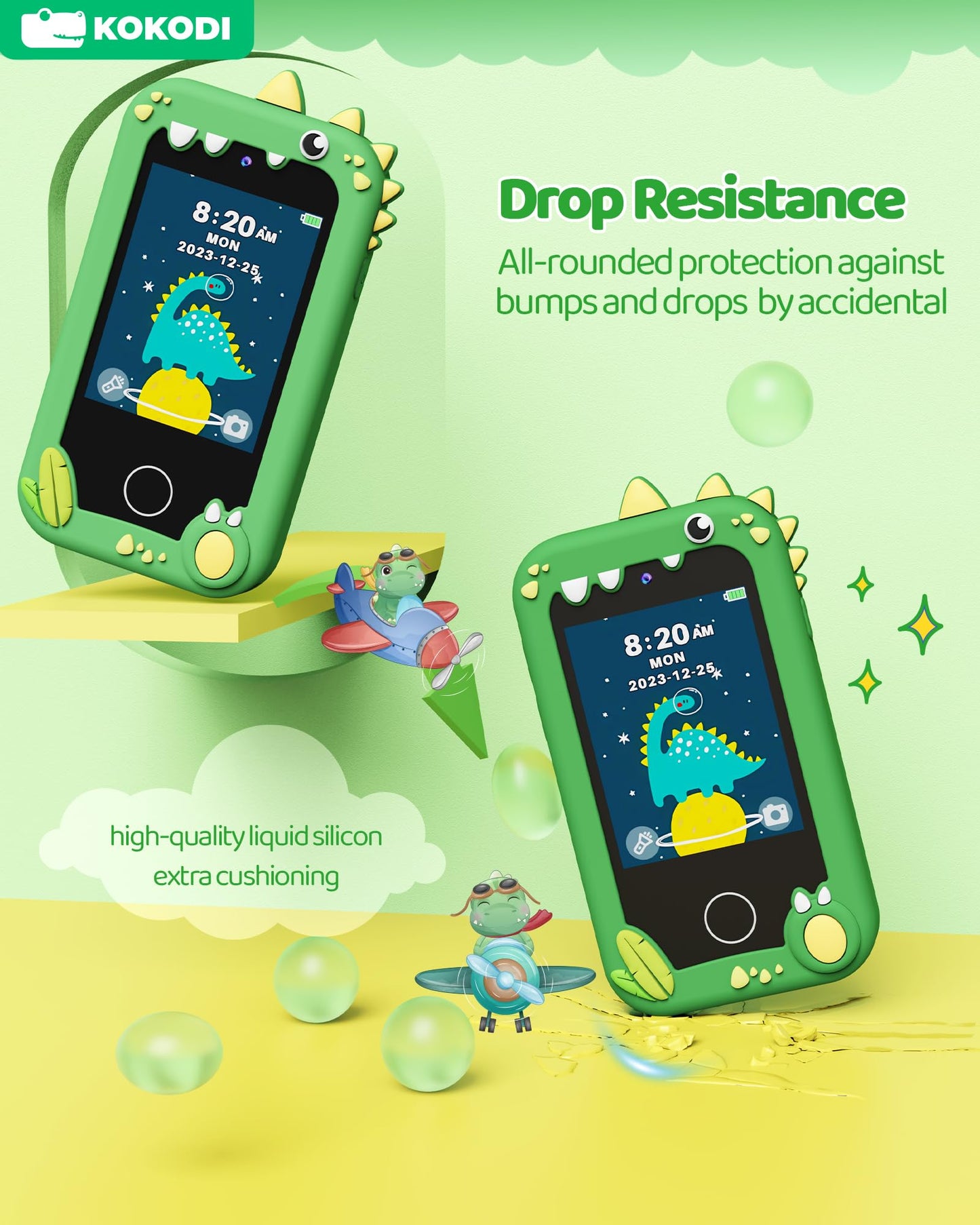 KOKODI Kids Smart Phone Toy — Touchscreen HD Dual Camera, Green Dino Phone for Ages 3–10