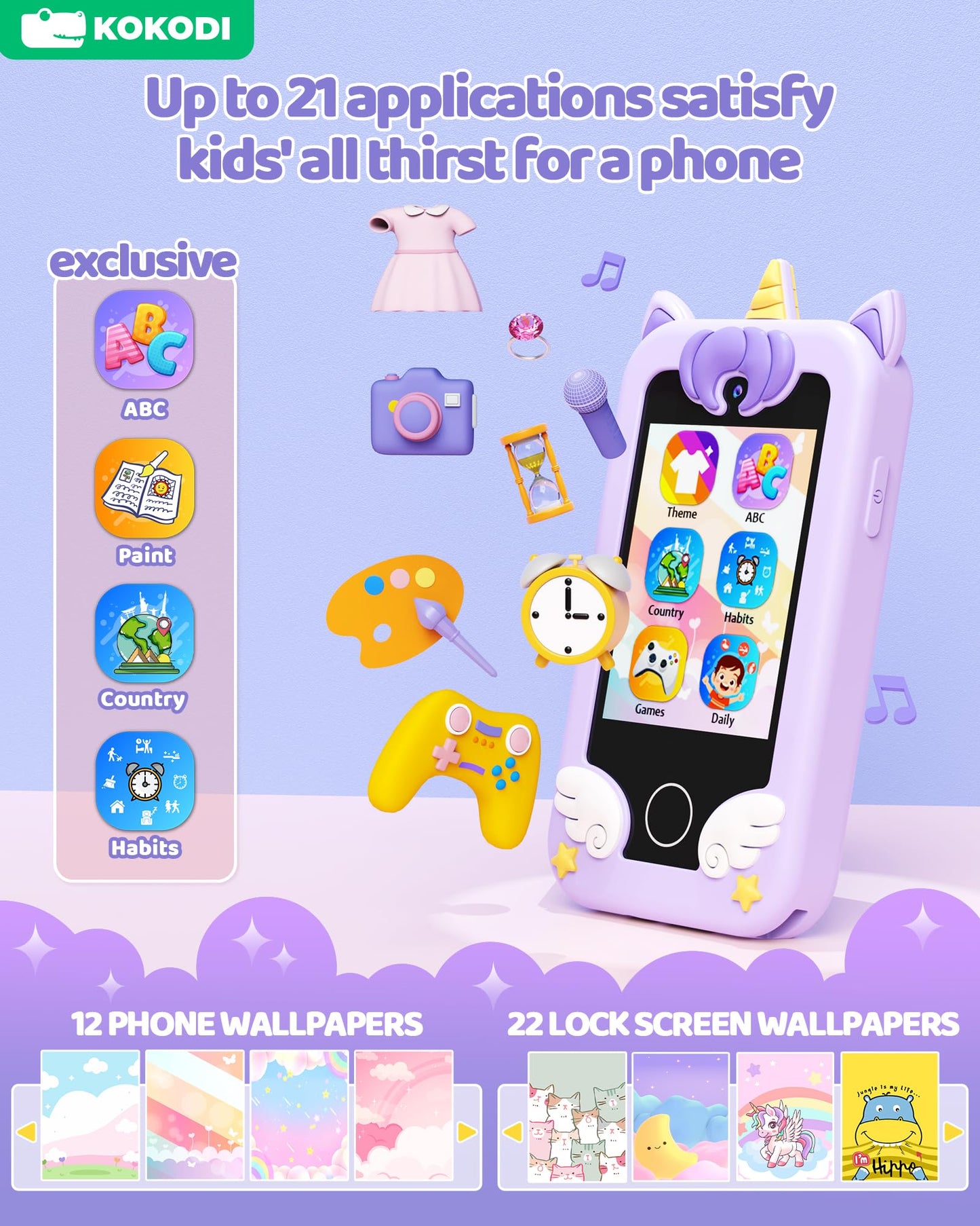 KOKODI Kids Smart Phone Toy with Dual Camera - Unicorn Purple, Learning Touchscreen for Ages 3-10