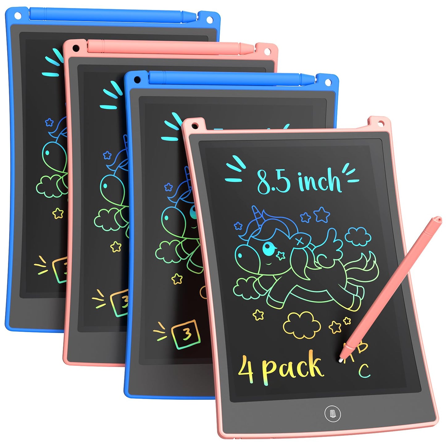 KOKODI 8.5 Inch LCD Writing Tablet — 4 Pack Colorful Doodle Boards for Kids (Blue & Pink)