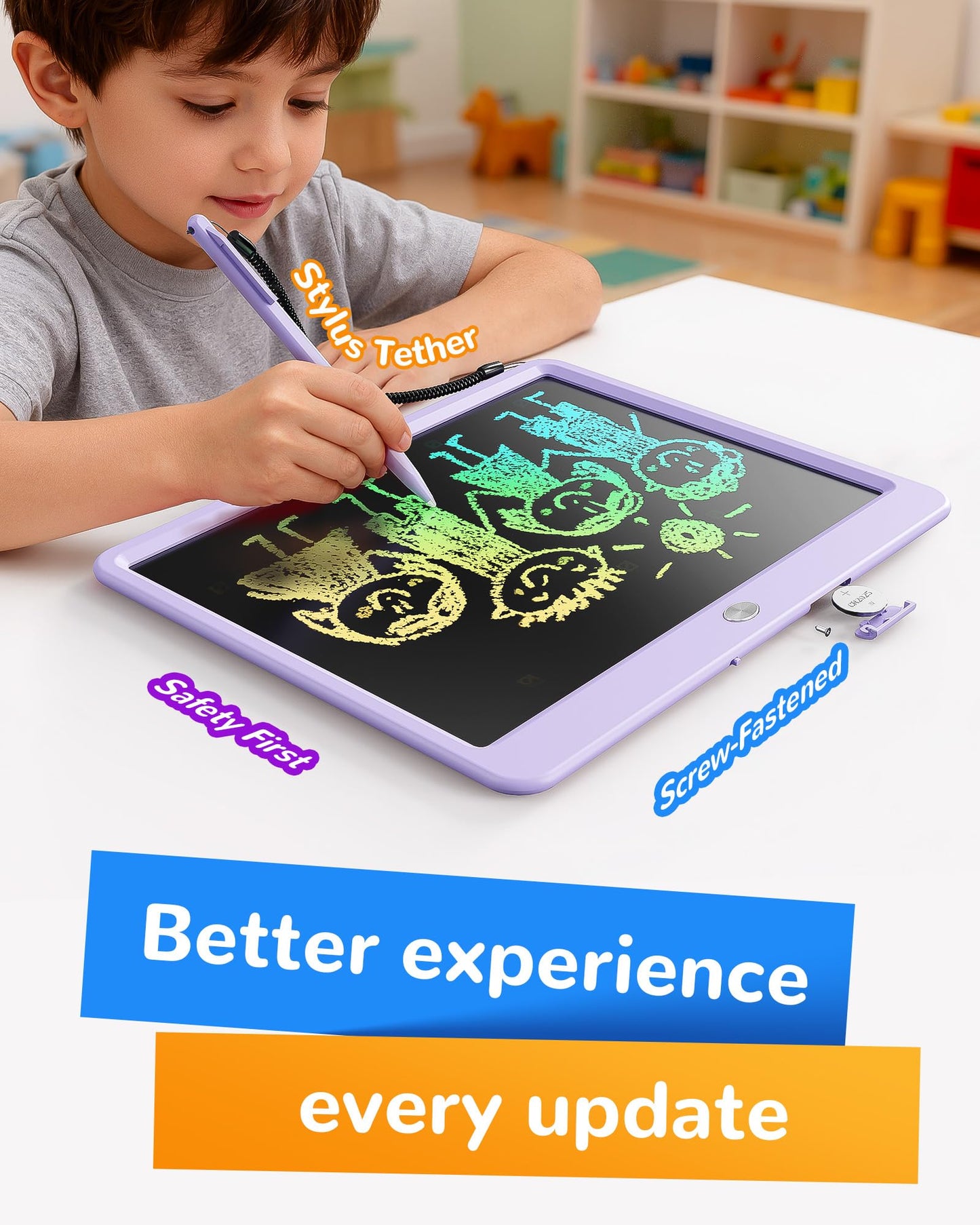 KOKODI LCD Writing Tablet 12-Inch Colorful Doodle Board – Reusable Educational Toy (Purple)