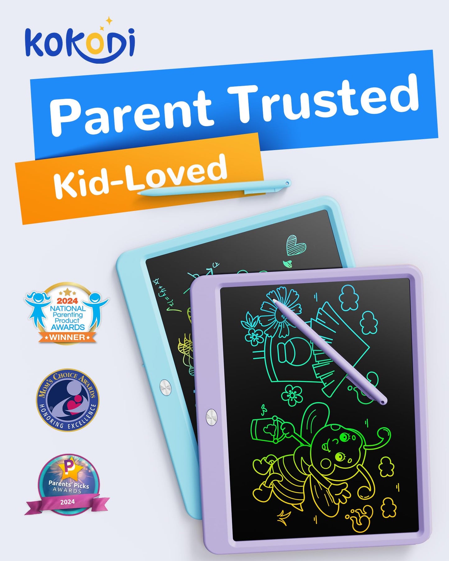 KOKODI LCD Writing Tablet 12-Inch Colorful Doodle Board – Reusable Educational Toy (Purple)