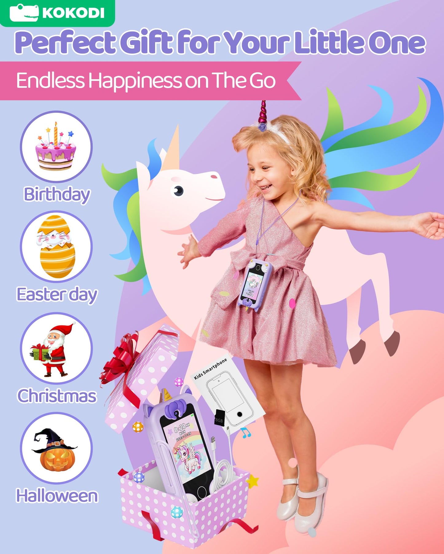 KOKODI Kids Smart Phone Toy with Dual Camera - Unicorn Purple, Learning Touchscreen for Ages 3-10
