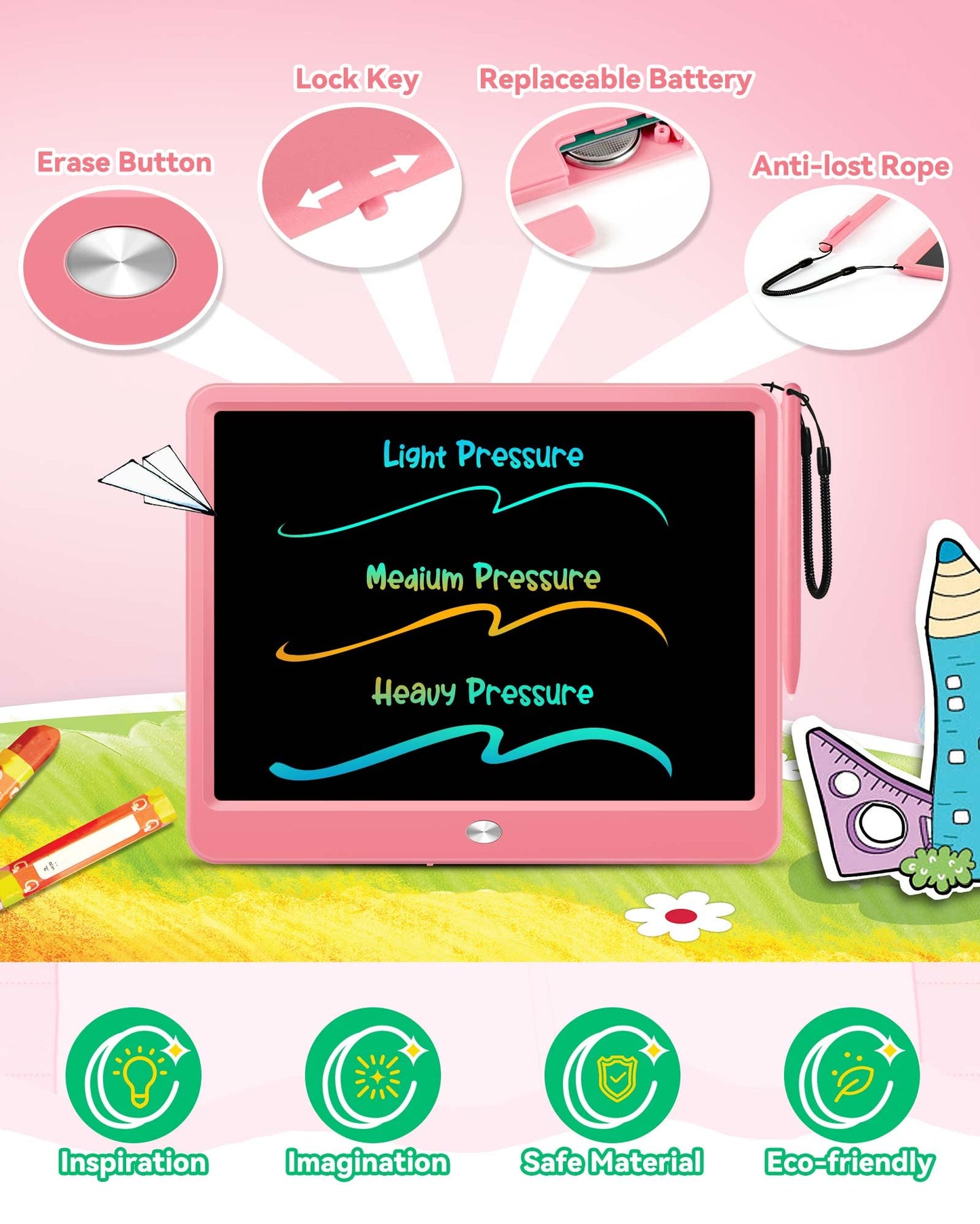 KOKODI 12 Inch LCD Writing Tablet with Anti-Lost Stylus – Pink Doodle Board for Kids, Travel & Learning