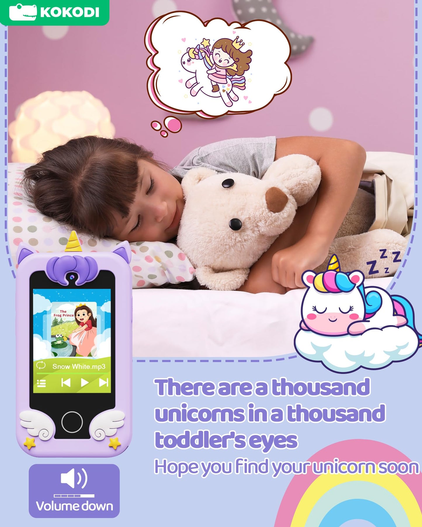 KOKODI Kids Smart Phone Toy with Dual Camera - Unicorn Purple, Learning Touchscreen for Ages 3-10