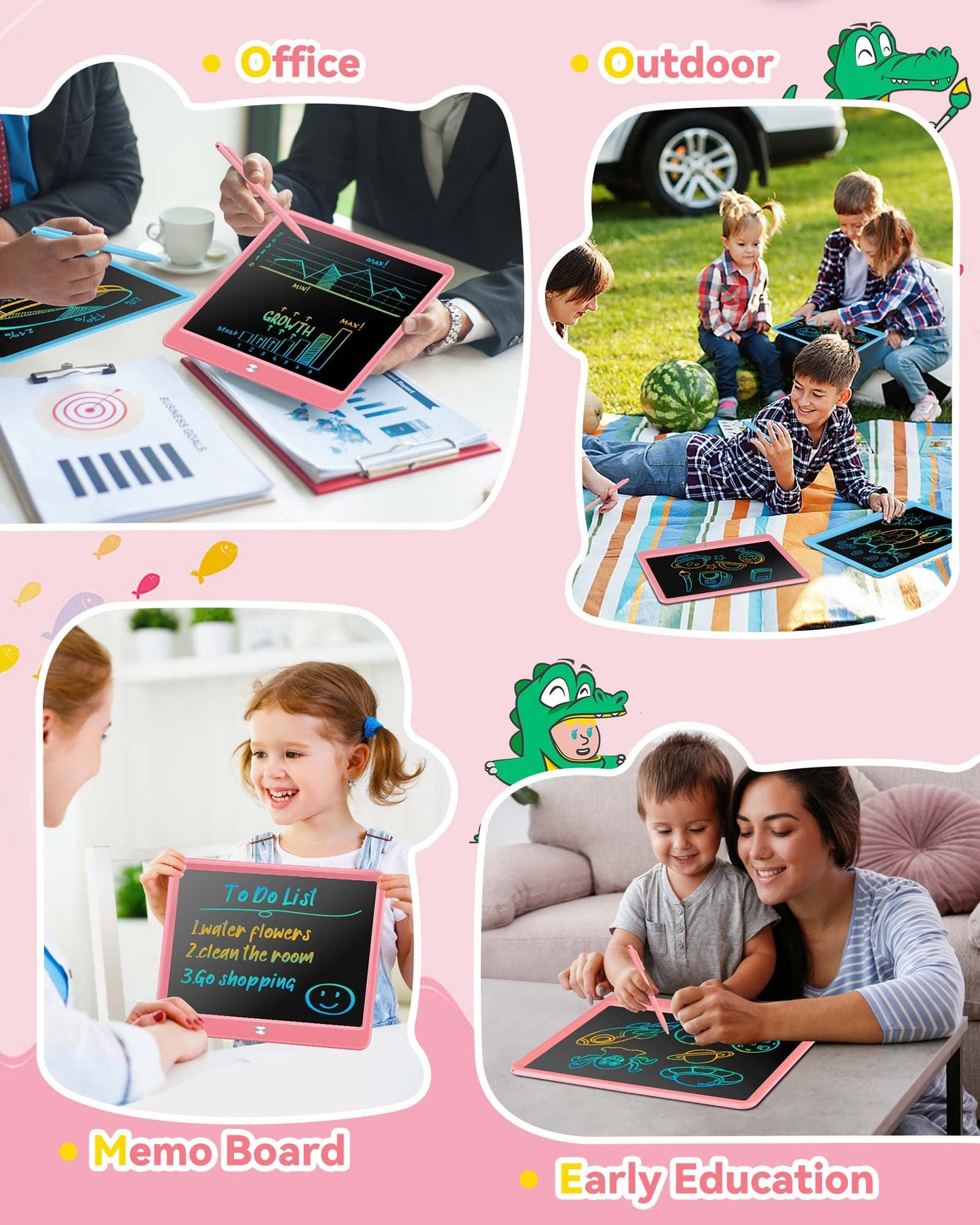 KOKODI 12 Inch LCD Writing Tablet with Anti-Lost Stylus – Pink Doodle Board for Kids, Travel & Learning