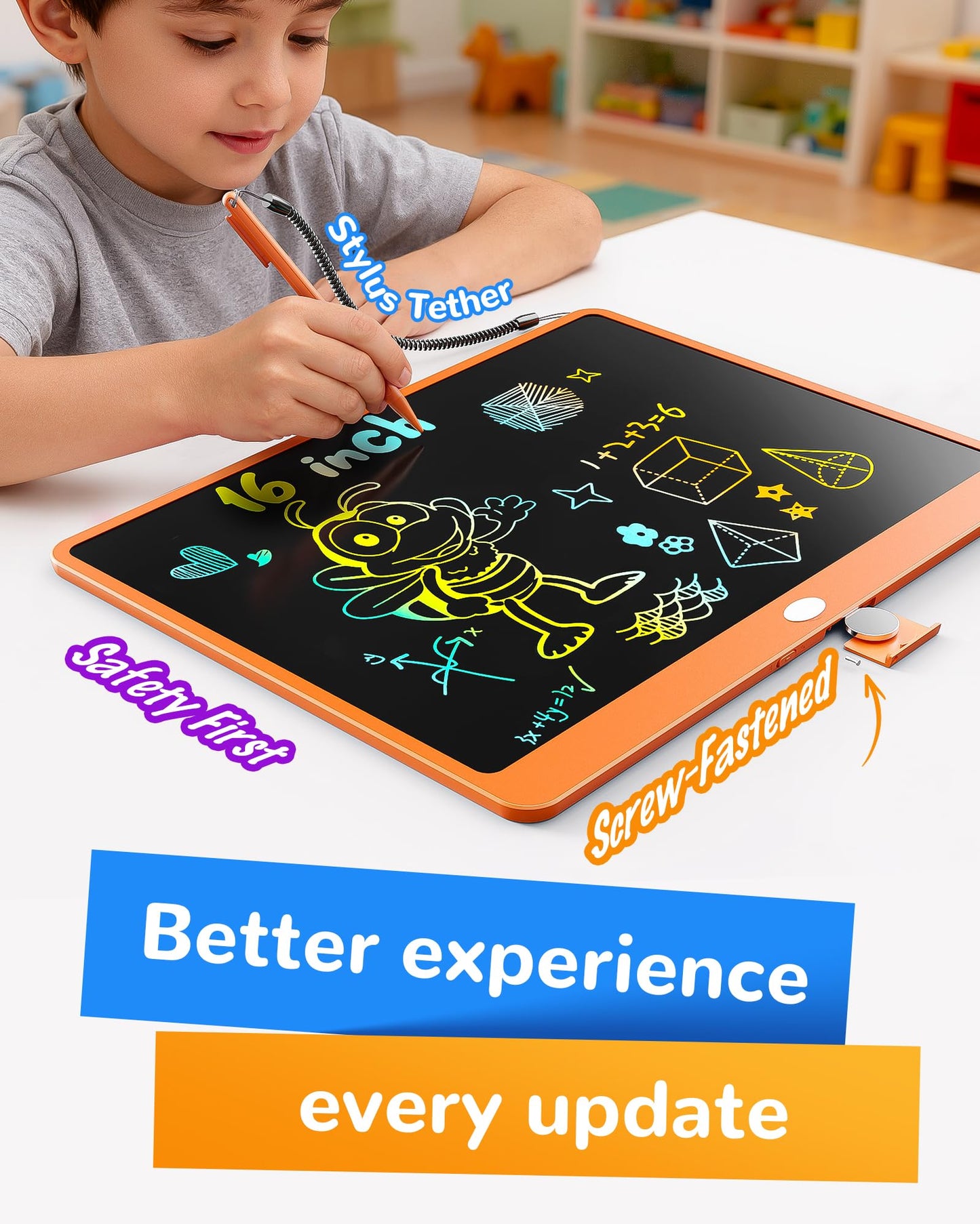 KOKODI LCD Writing Tablet 16-Inch Colorful Doodle Board for Kids 3-6 - Orange