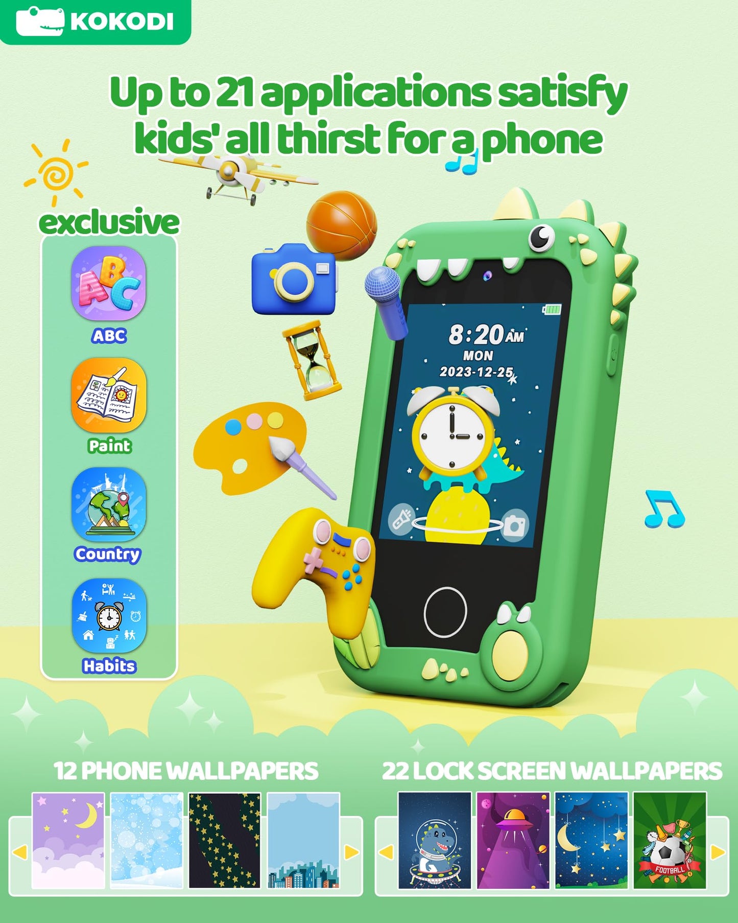 KOKODI Kids Smart Phone Toy — Touchscreen HD Dual Camera, Green Dino Phone for Ages 3–10