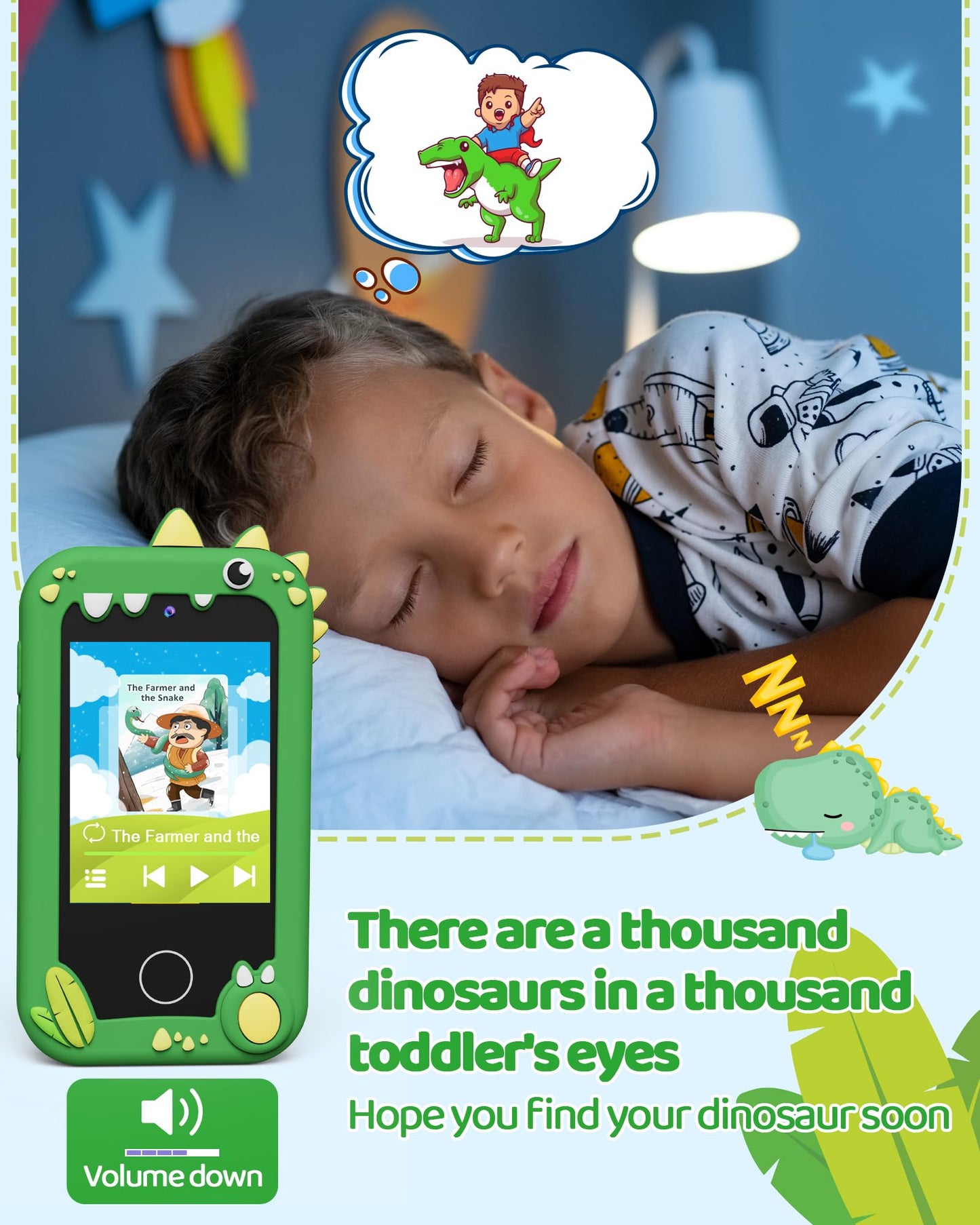 KOKODI Kids Smart Phone Toy — Touchscreen HD Dual Camera, Green Dino Phone for Ages 3–10