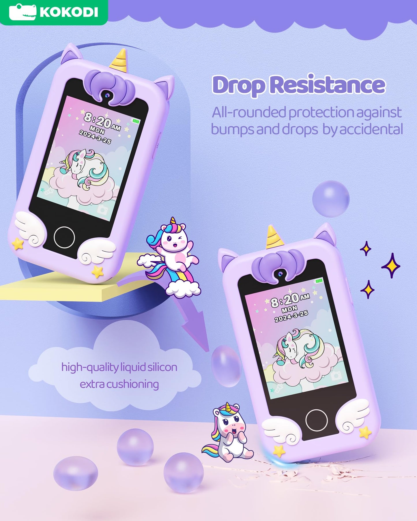 KOKODI Kids Smart Phone Toy with Dual Camera - Unicorn Purple, Learning Touchscreen for Ages 3-10