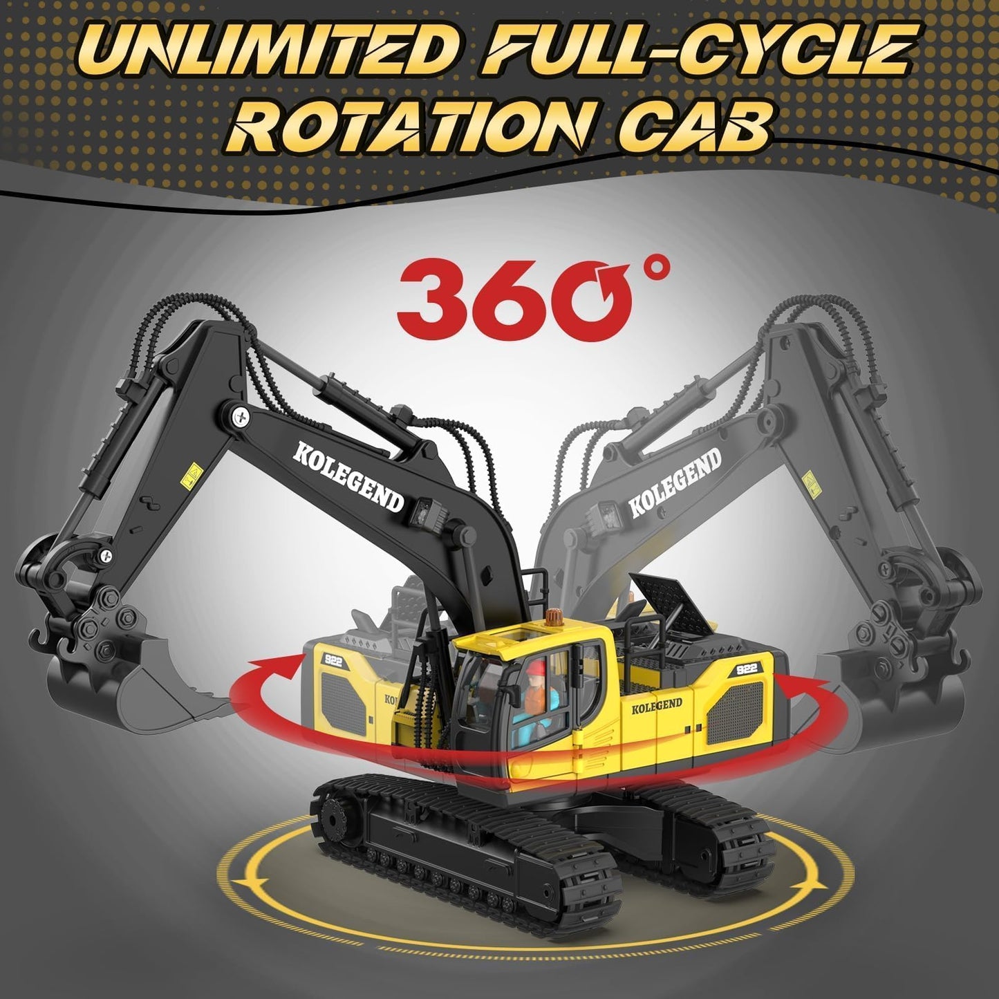 kolegend Remote Control Excavator Toy — 1/20 Scale, 2 Batteries, 680° Rotation, Lights & Sounds