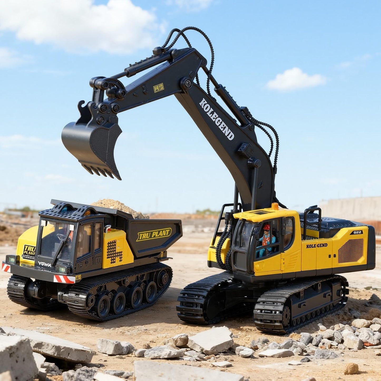 kolegend Remote Control Excavator Toy — 1/20 Scale, 2 Batteries, 680° Rotation, Lights & Sounds