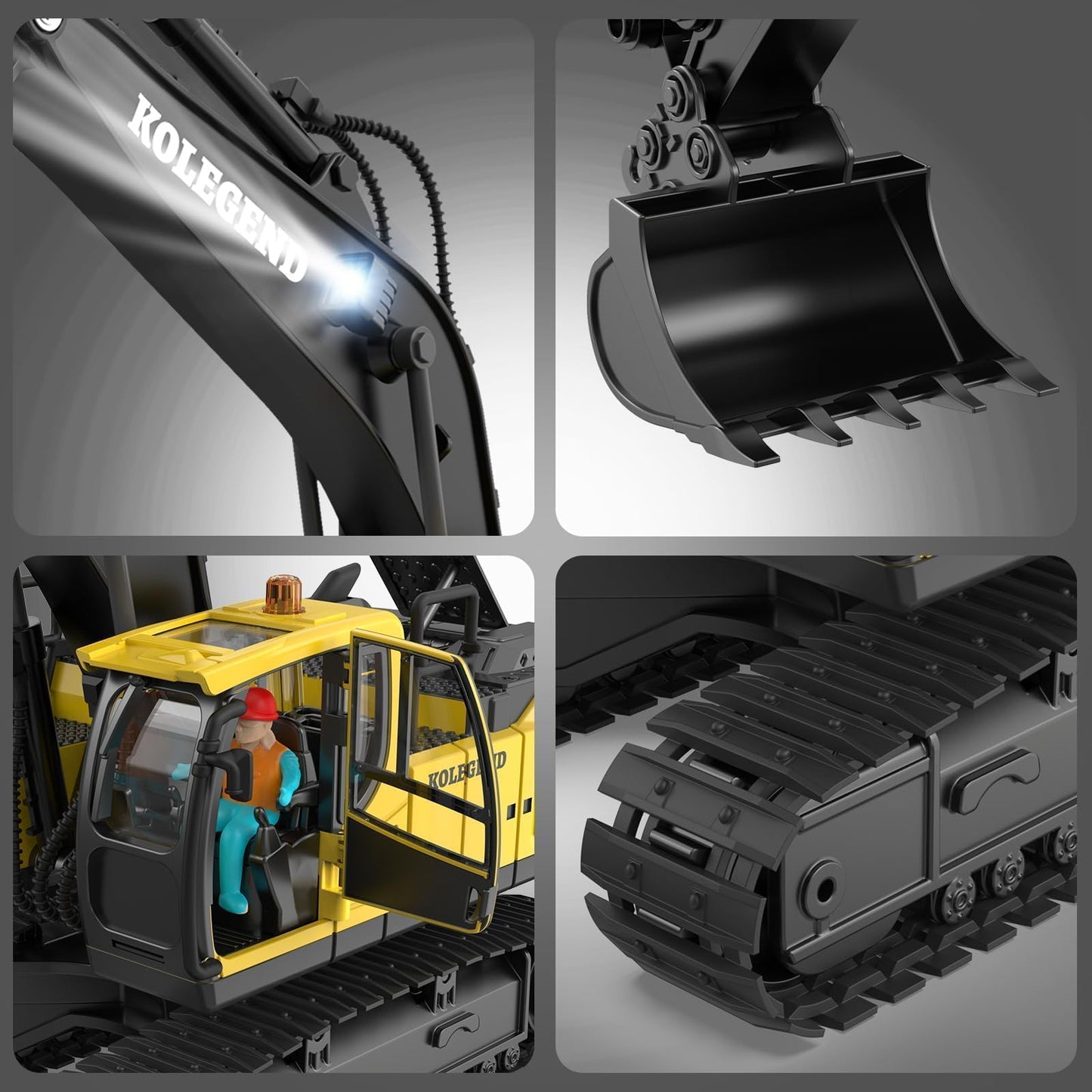 kolegend Remote Control Excavator Toy — 1/20 Scale, 2 Batteries, 680° Rotation, Lights & Sounds