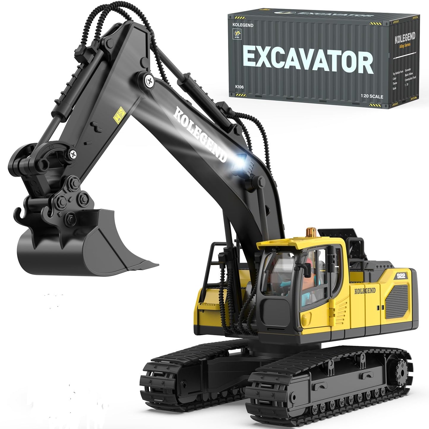 kolegend Remote Control Excavator Toy — 1/20 Scale, 2 Batteries, 680° Rotation, Lights & Sounds