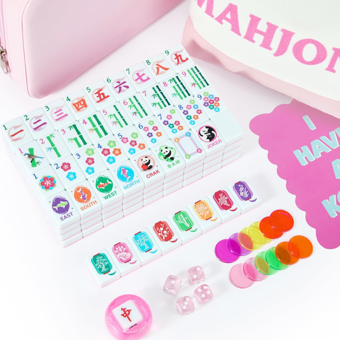 KOLIN American Mahjong Tile Set – 160 Tiles, Pink Back Melamine, Engraved Pattern
