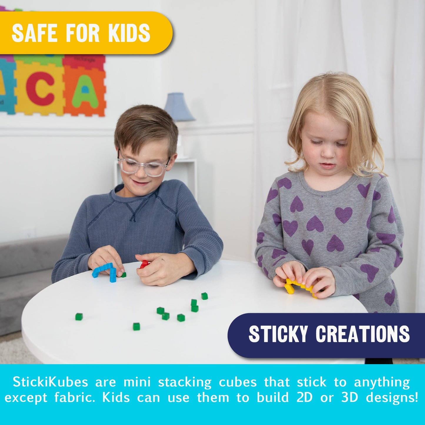 KOMARC GAMES StickiKubes – Mini Sticky Building Blocks (36 Cubes, 4 Colors, Display Easel)
