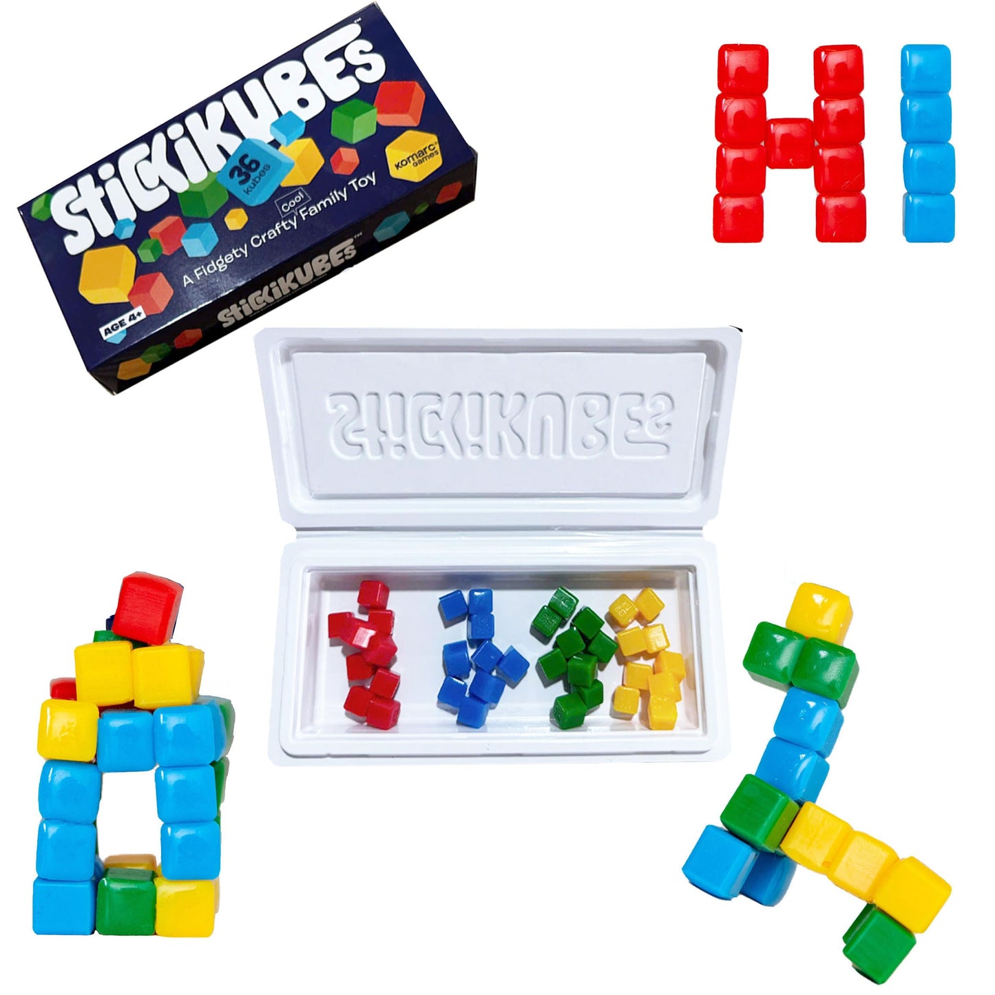 KOMARC GAMES StickiKubes – Mini Sticky Building Blocks (36 Cubes, 4 Colors, Display Easel)