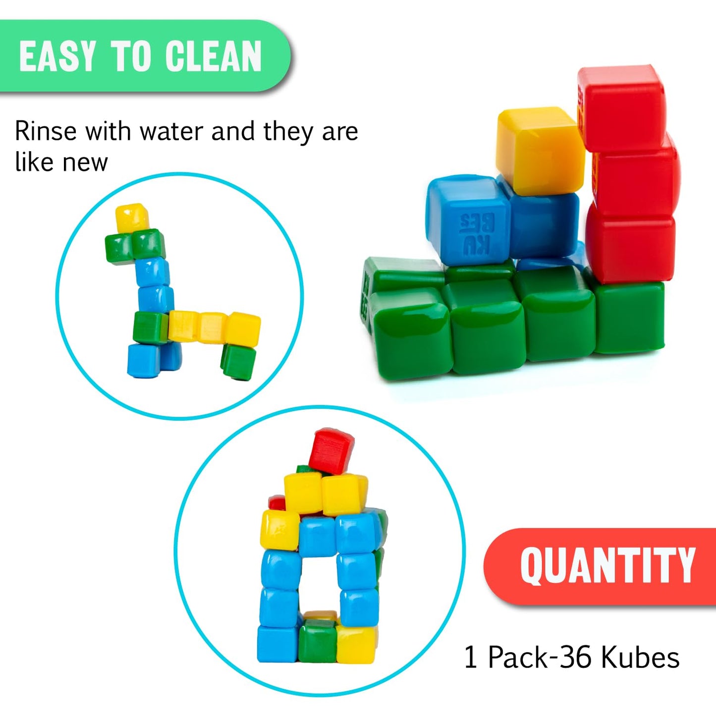 KOMARC GAMES StickiKubes – Mini Sticky Building Blocks (36 Cubes, 4 Colors, Display Easel)