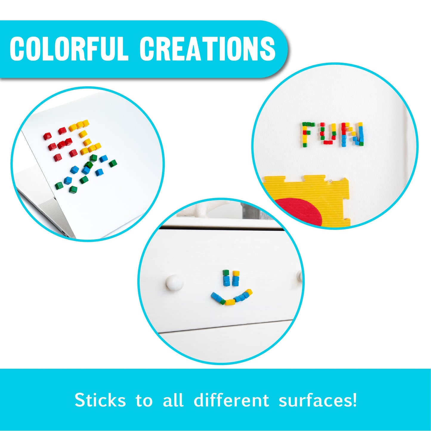 KOMARC GAMES StickiKubes – Mini Sticky Building Blocks (36 Cubes, 4 Colors, Display Easel)